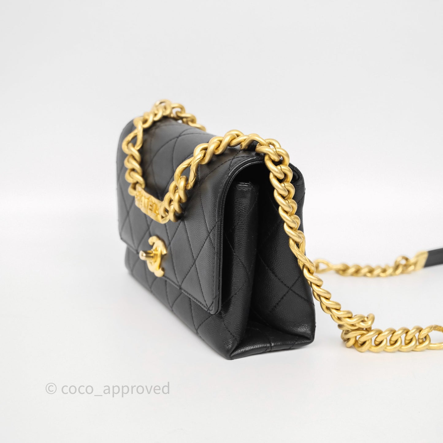 Chanel Mini Bracelet On Chain Flap Bag Flat Quilted Black Caviar Aged Gold Hardware