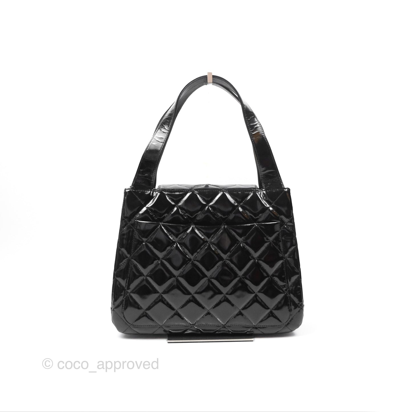 Chanel Vintage Tote Quilted Black Patent Silver Hardware