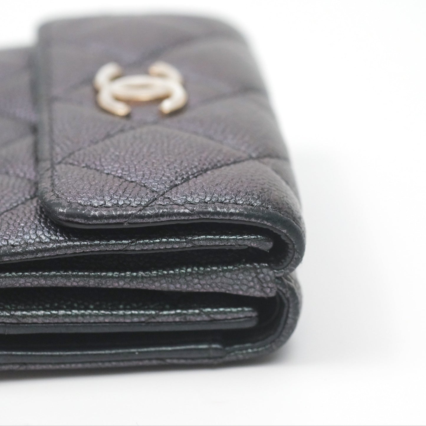 Chanel Quilted White CC Short Wallet Iridescent Green Purple Gold Hardware