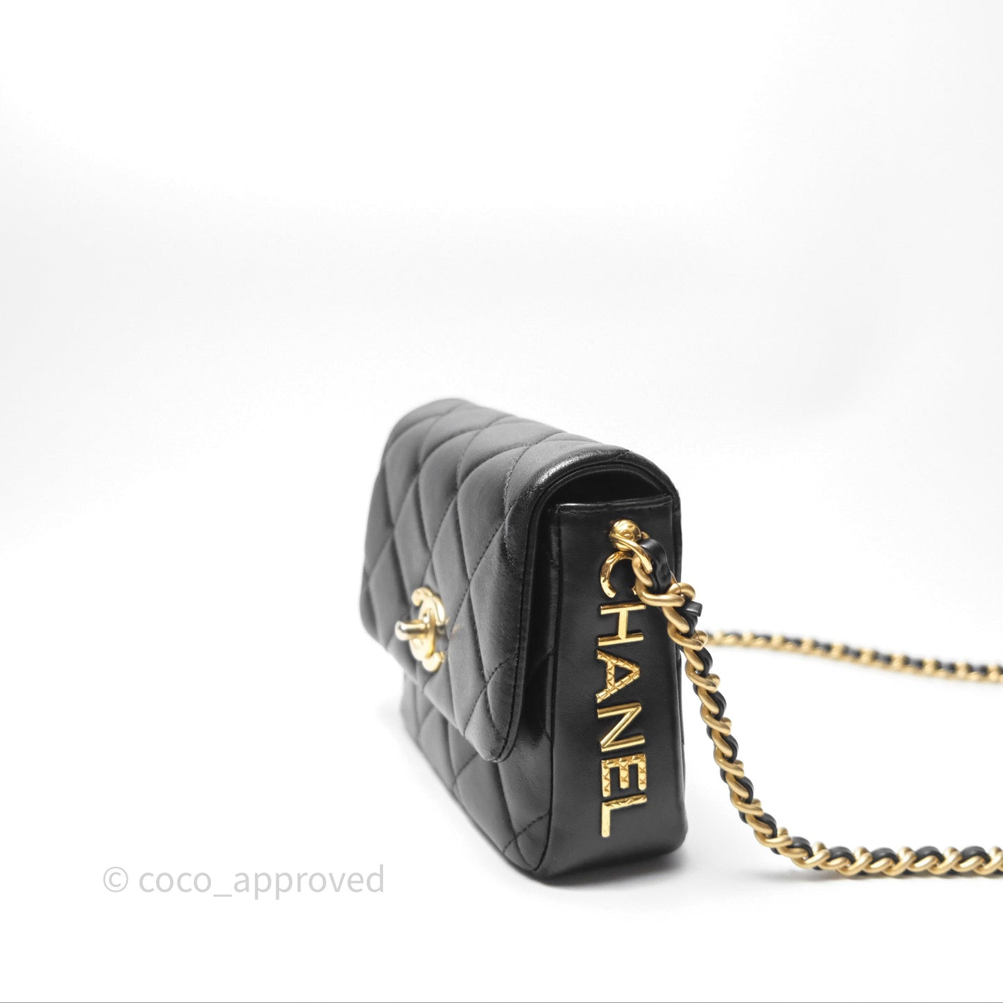 Chanel Logo Mini Square Flap Bag Black Lambskin Aged Gold Hardware 21B