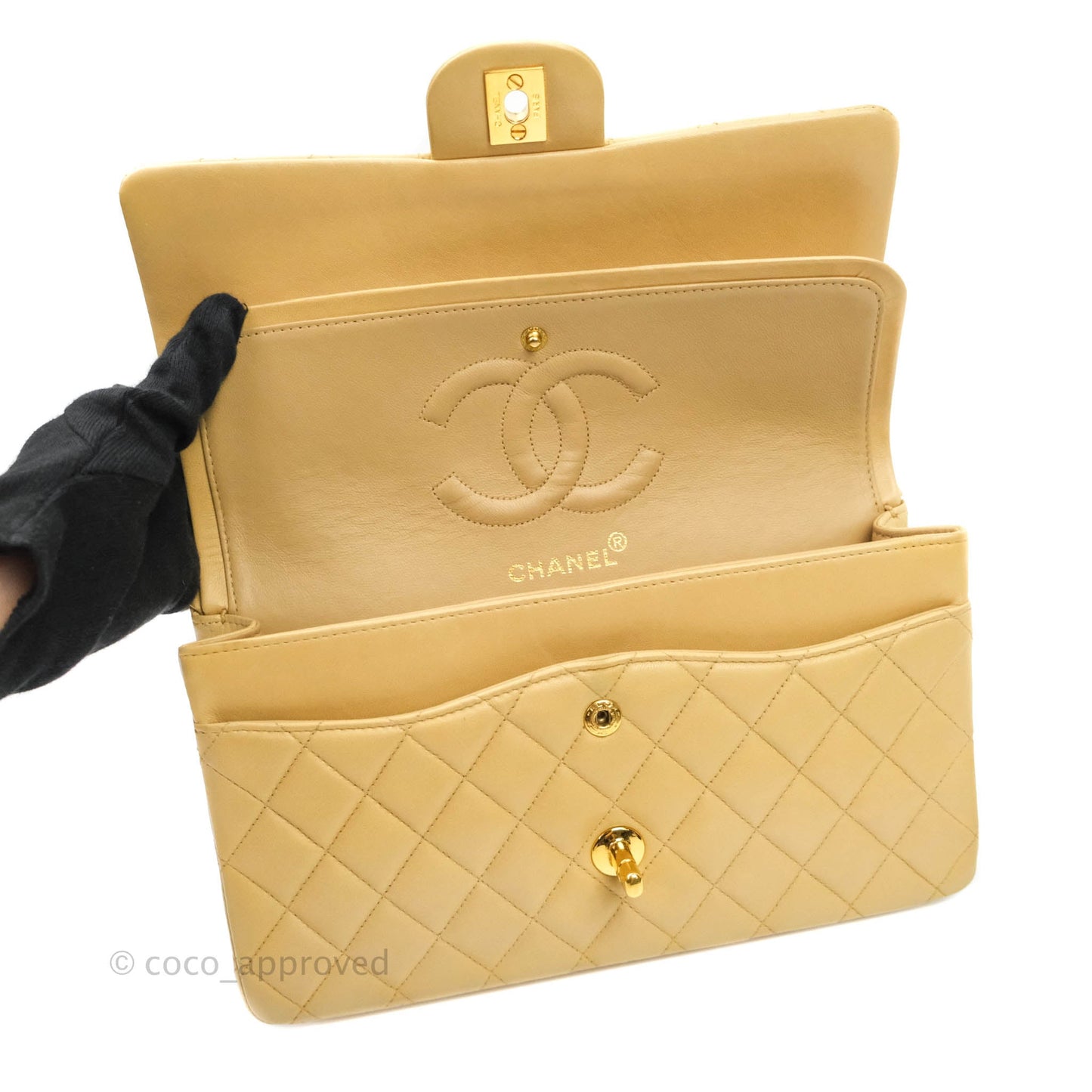 Chanel Vintage M/L Medium Double Flap Bag Beige Lambskin 24K Gold Hardware