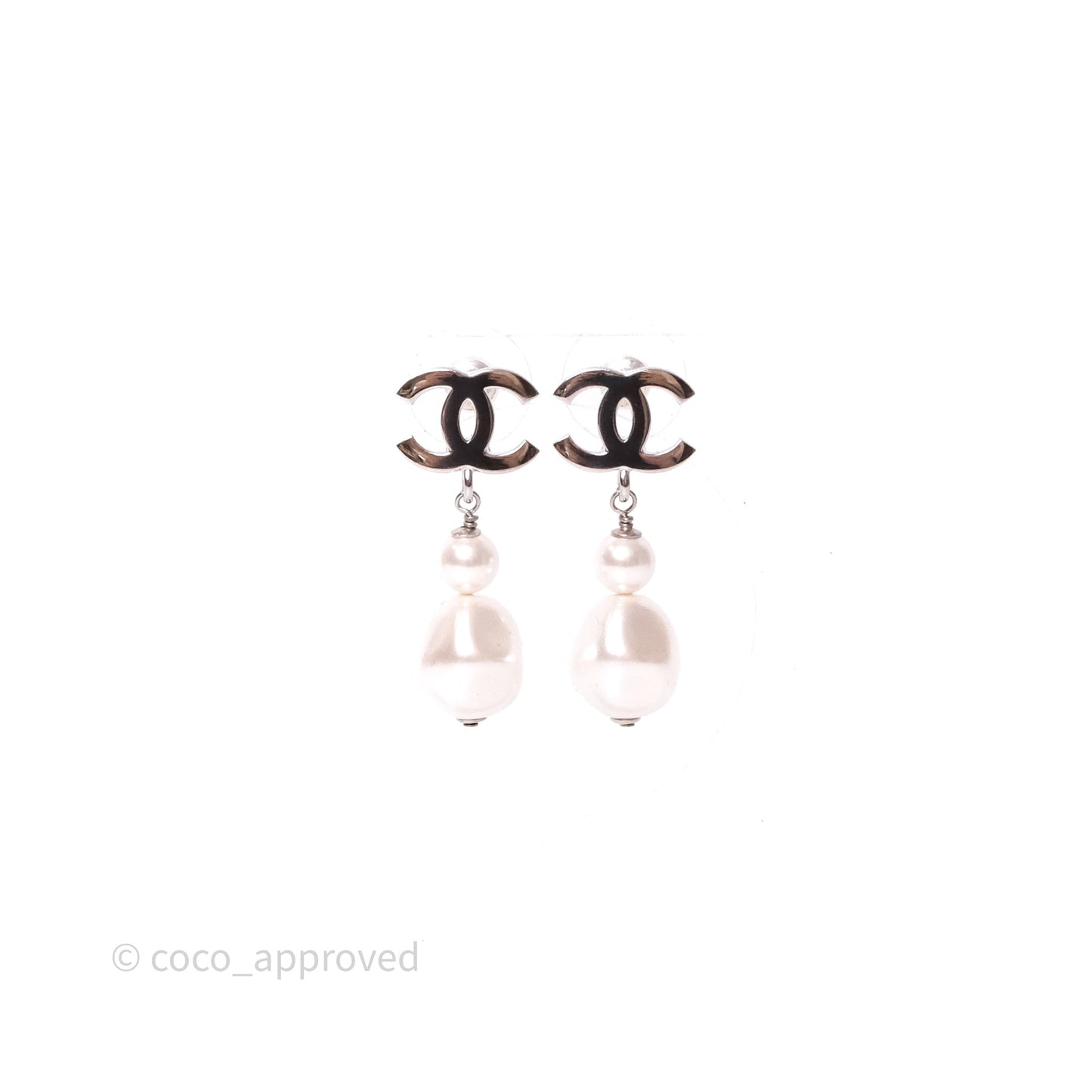 Chanel Drop CC Pearls Earrings Silver Tone 26S