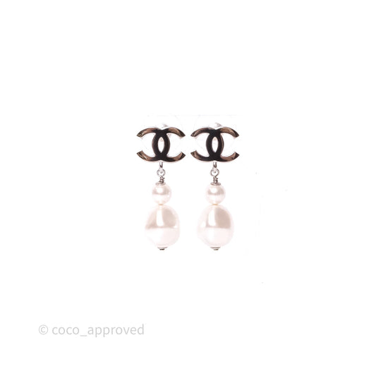 Chanel Drop CC Pearls Earrings Silver Tone 26S