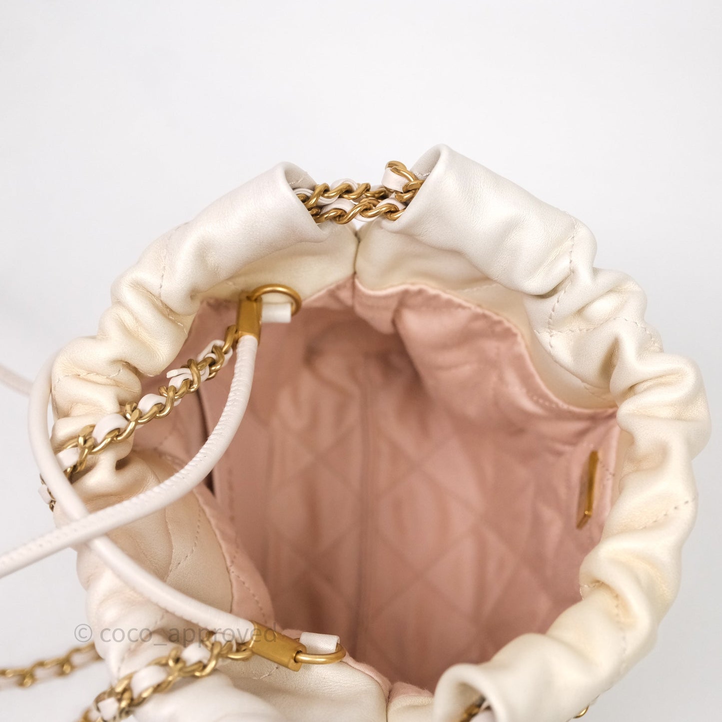 Chanel 22 Mini Bag Iridescent Light Pearly Calfskin Aged Gold Hardware