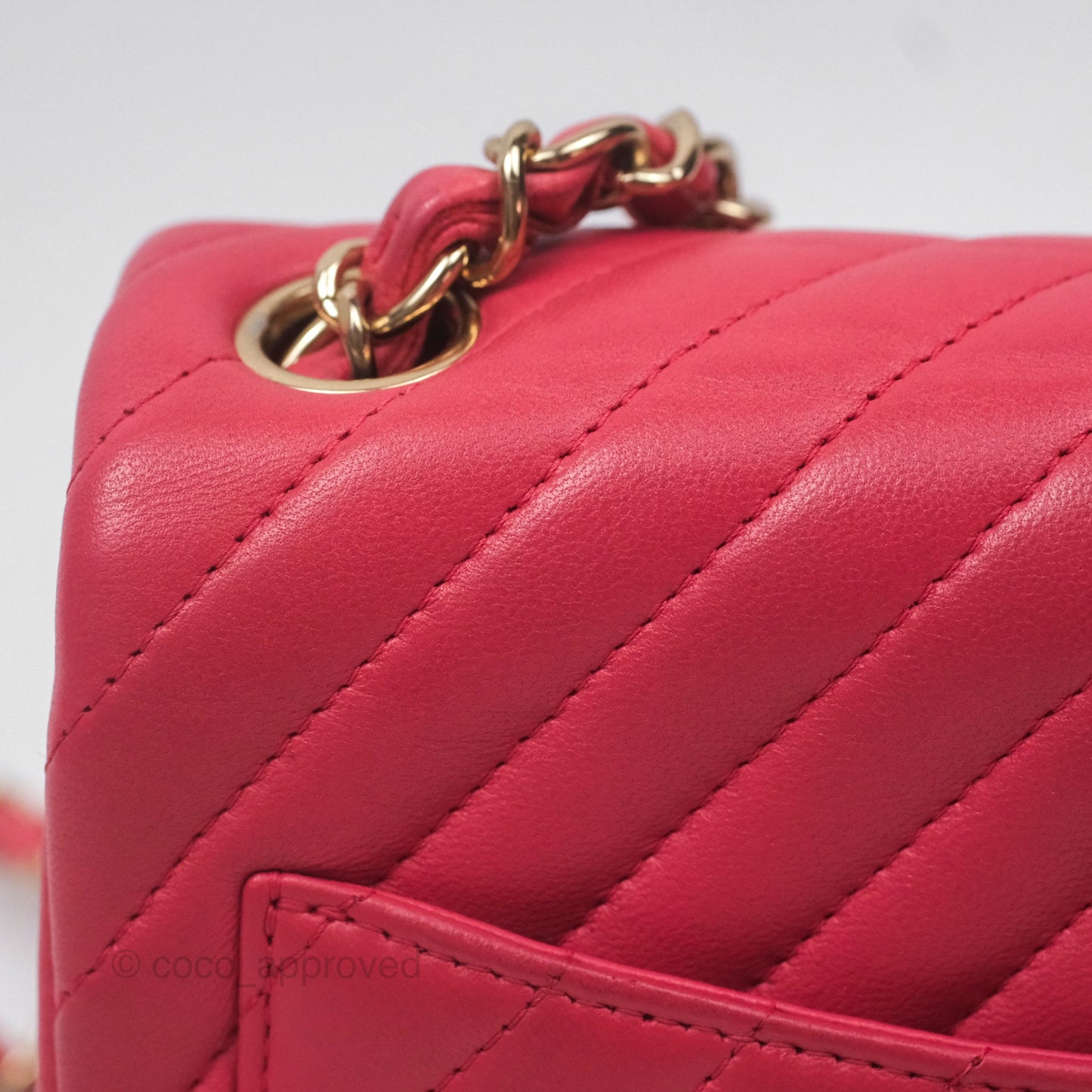 Chanel Mini Square Flap Chevron Dark Pink Lambskin Gold Hardware