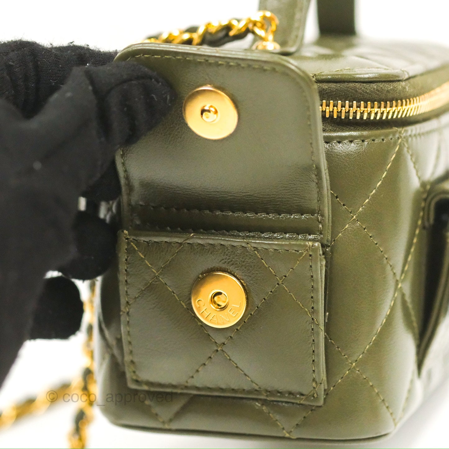 Chanel Cargo Pocket Top Handle Vanity with Chain Khaki Green Lambskin 22K