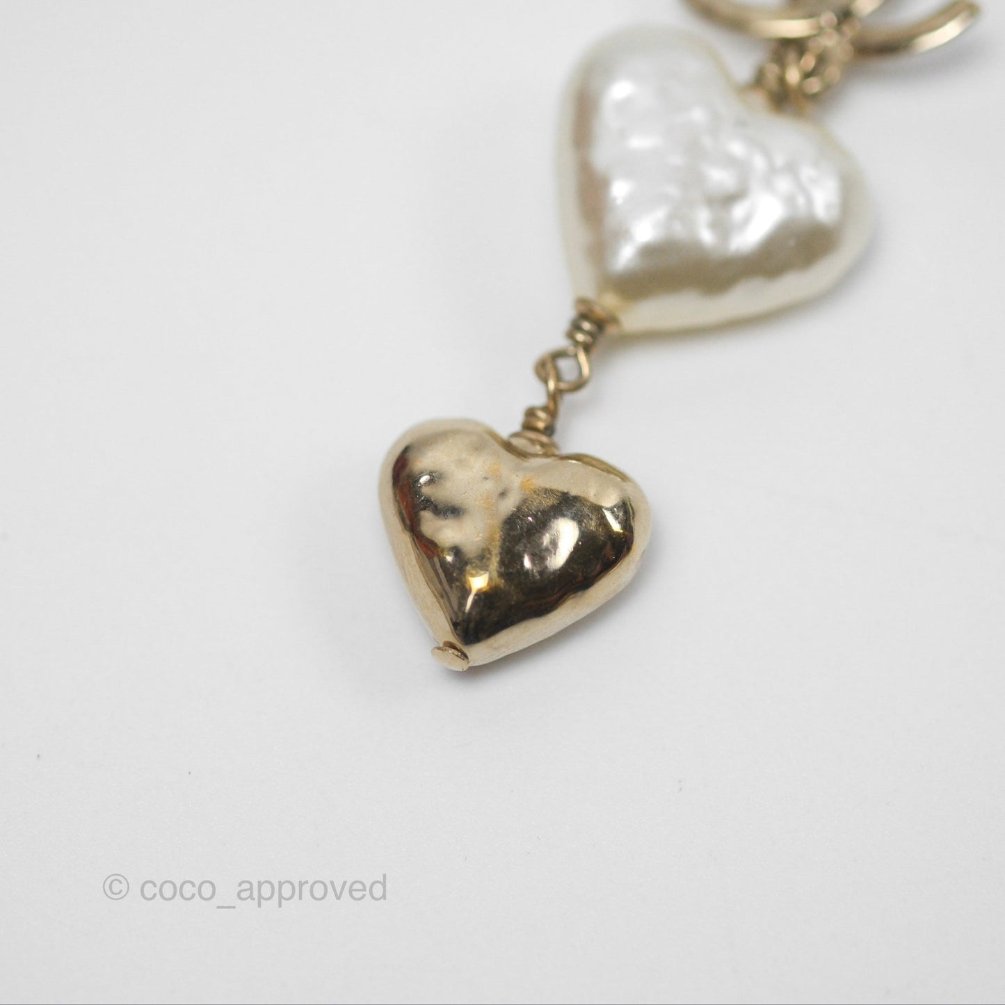 Chanel CC Pearl Heart Drop Earrings Gold Tone 22C