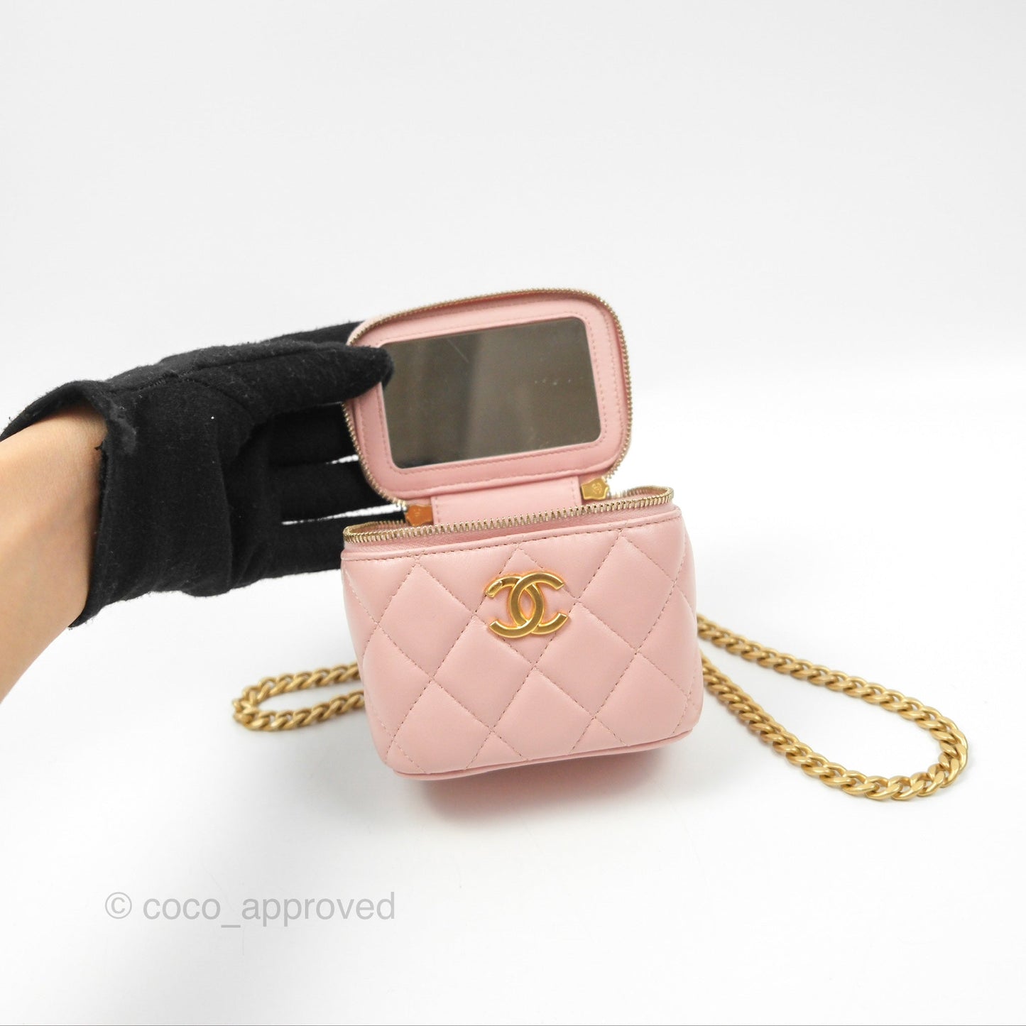 Chanel Mini Vanity With Chain Adjustable Camellia Light Pink Lambskin Aged Gold Hardware