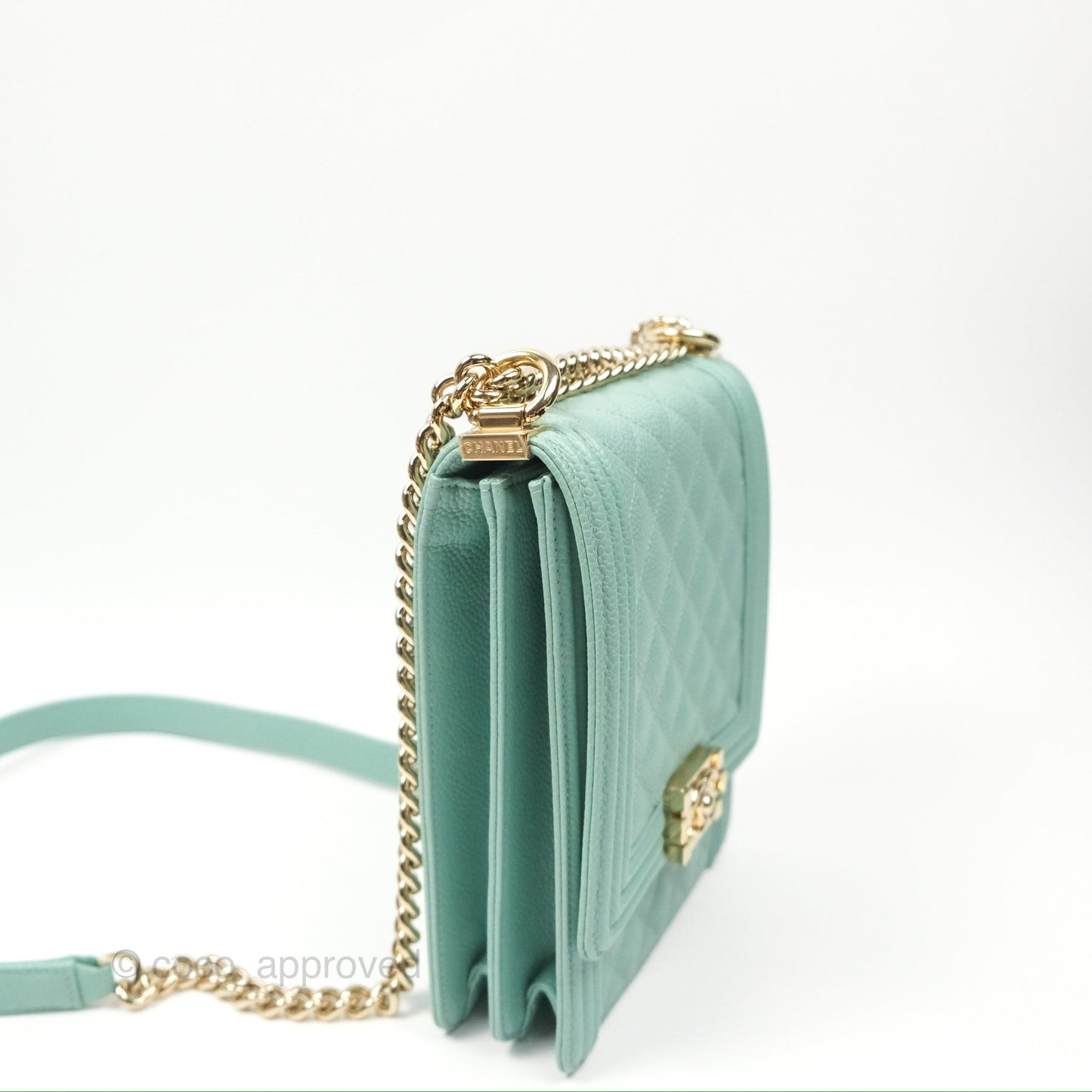 Chanel Quilted North South Boy Flap Tiffany Green Caviar Gold Hardware