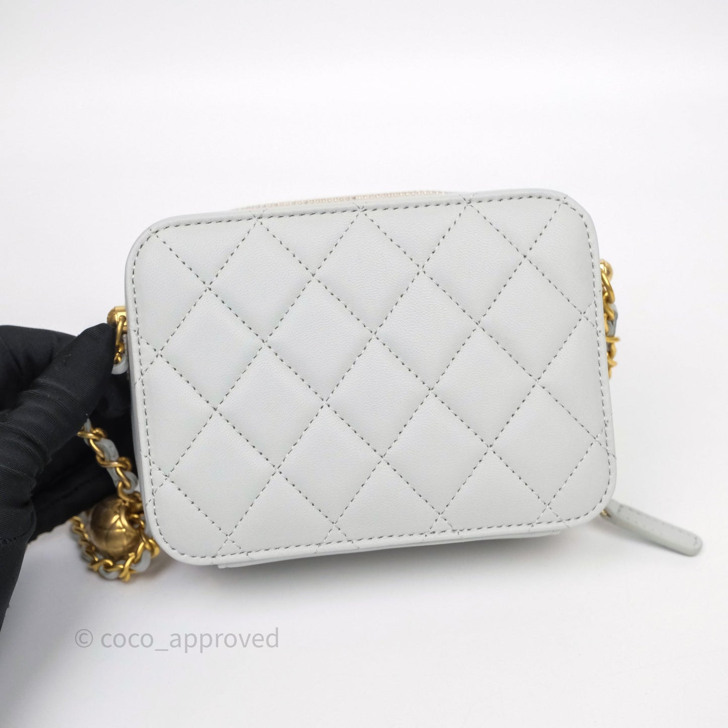 Chanel Quilted CC Pearl Crush Camera Case Light Blue Grey Lambskin Aged Gold Hardware