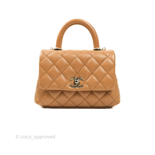 Chanel Quilted Extra Mini Coco Handle Dark Beige Caviar Gold Hardware 21P