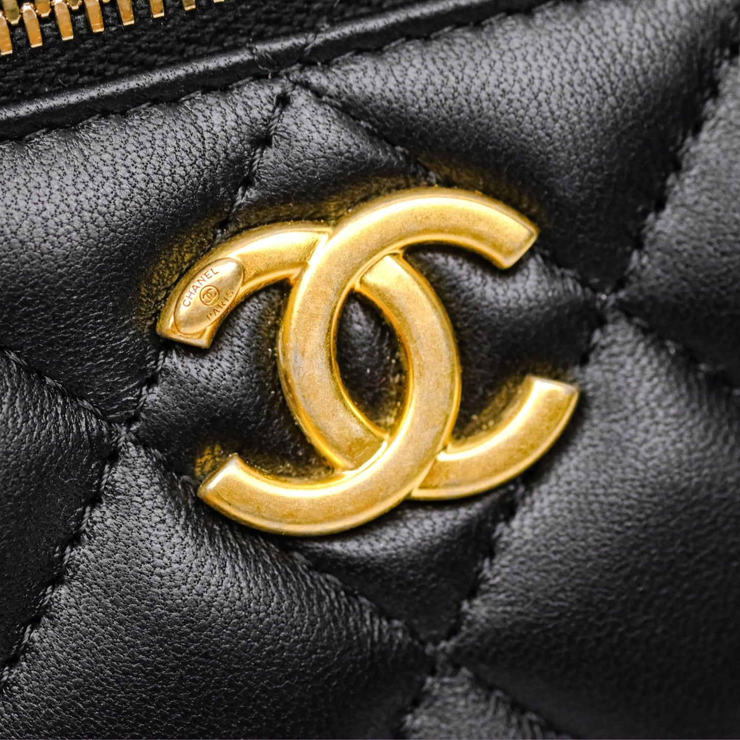 Chanel Quilted Vanity Rectangular with Camellia Adjustable Chain Black Lambskin 23S
