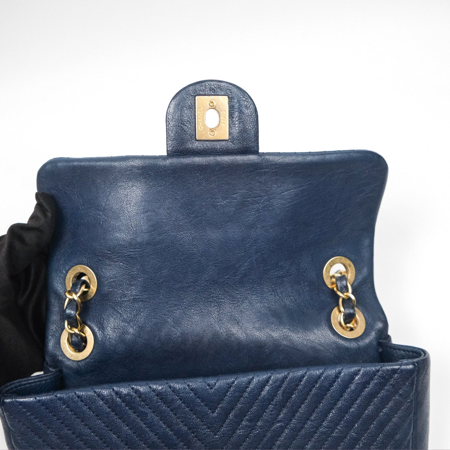 Chanel Small Chevron Surpique Flap Navy Calfskin Aged Gold Hardware