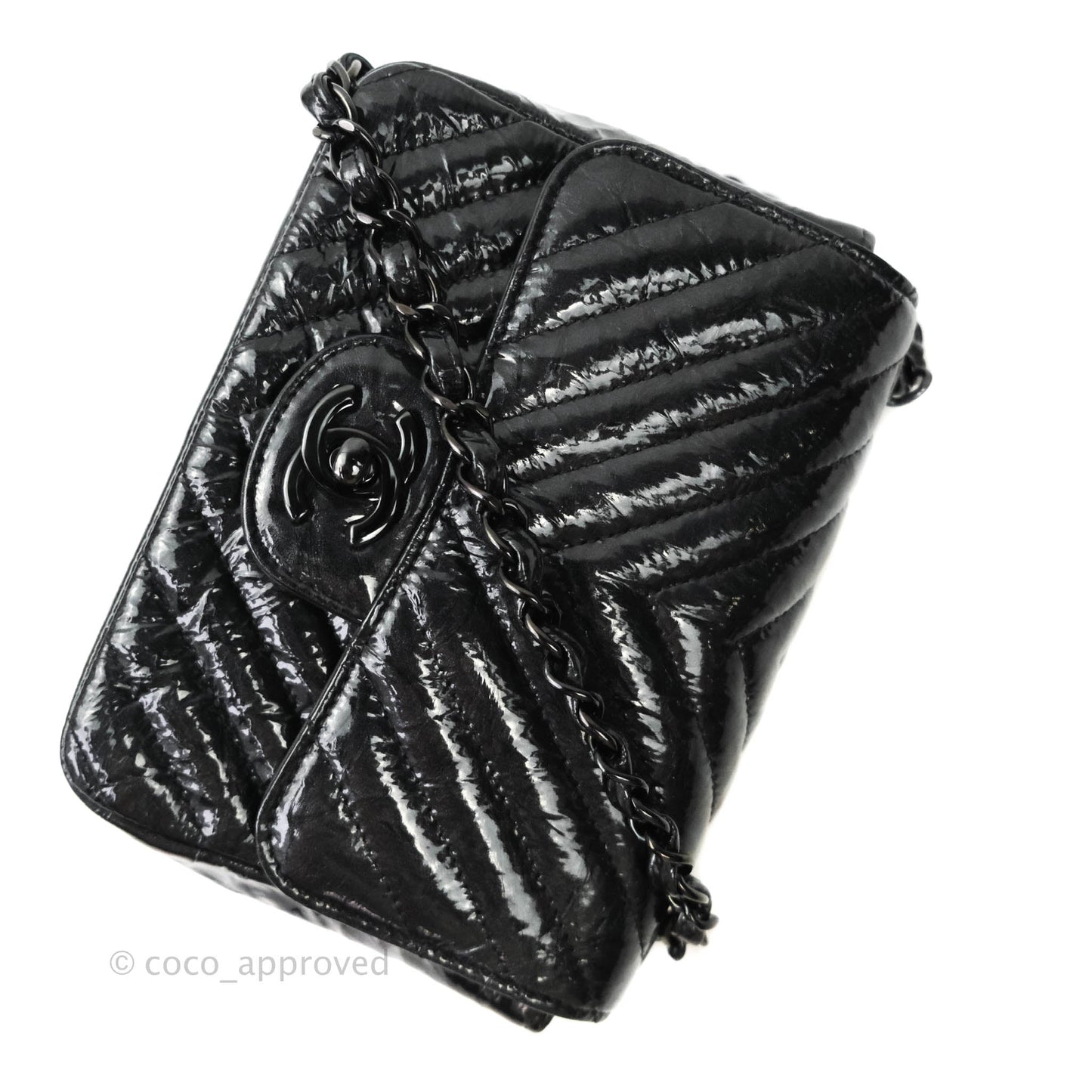 Chanel Mini Square Chevron Black Crumpled Metallic Patent So Black