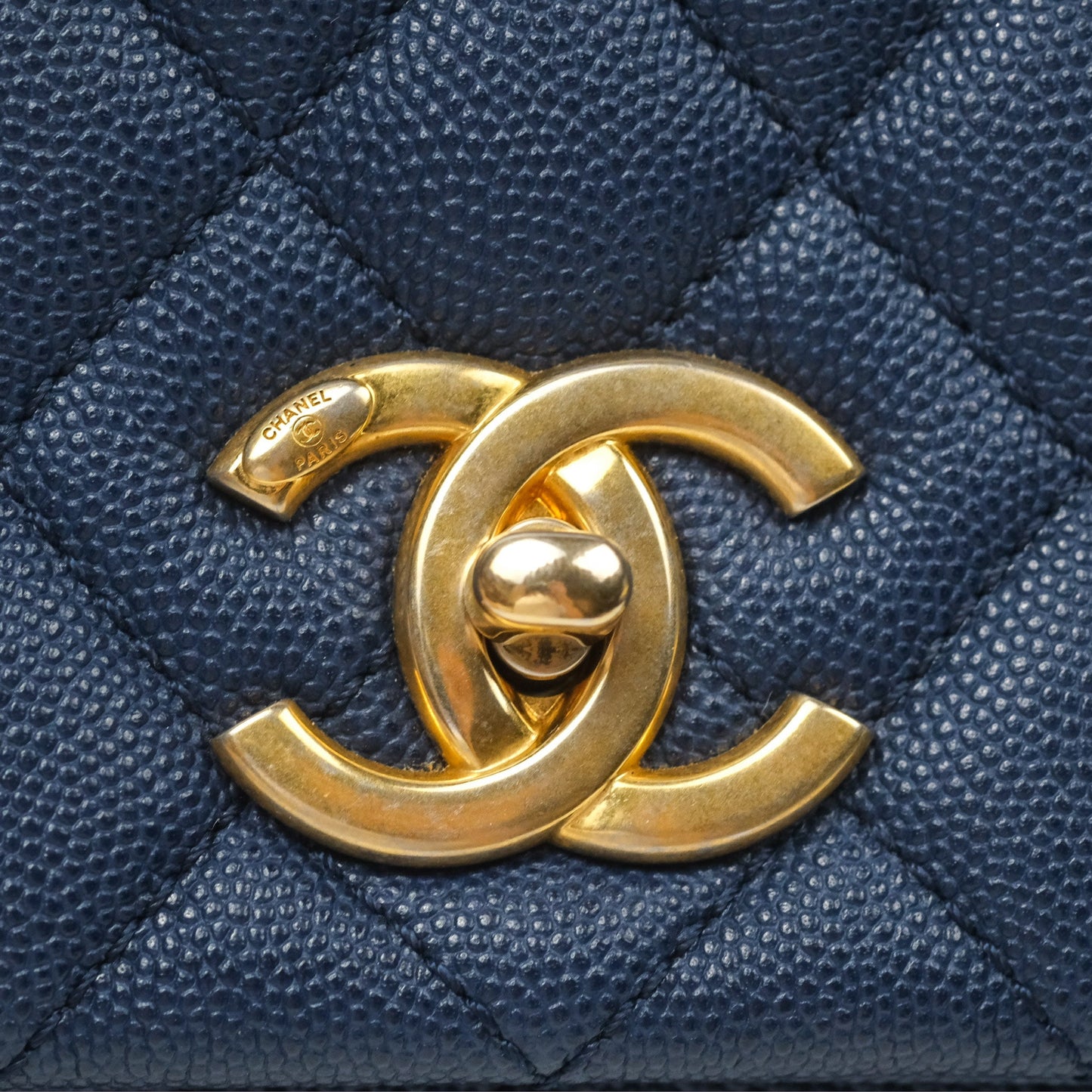 Chanel Medium Coco Handle Quilted Navy Caviar Lizard Handle Aged Gold Hardware