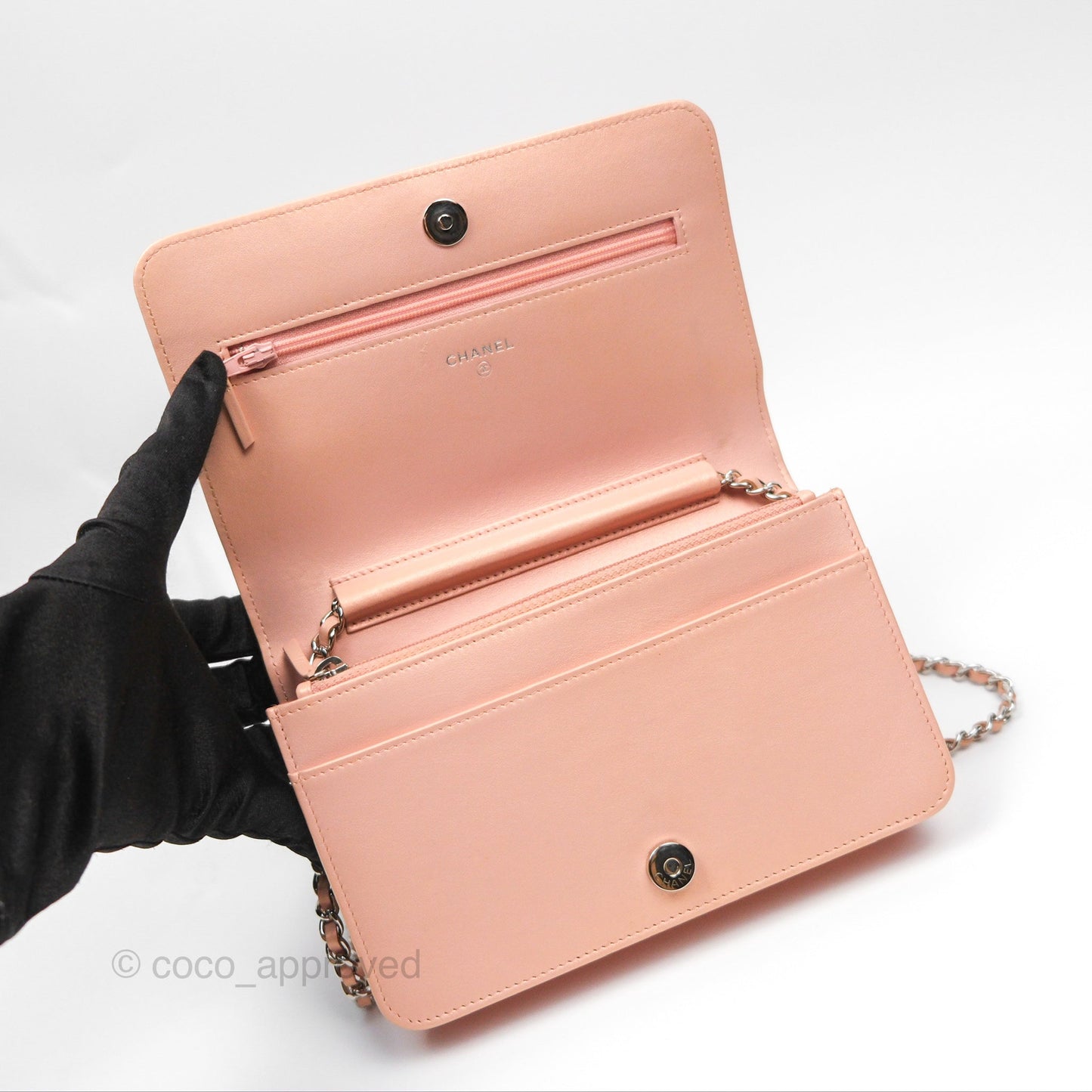 Chanel Mademoiselle Wallet On Chain WOC Chevron Iridescent Pink Caviar Silver Hardware
