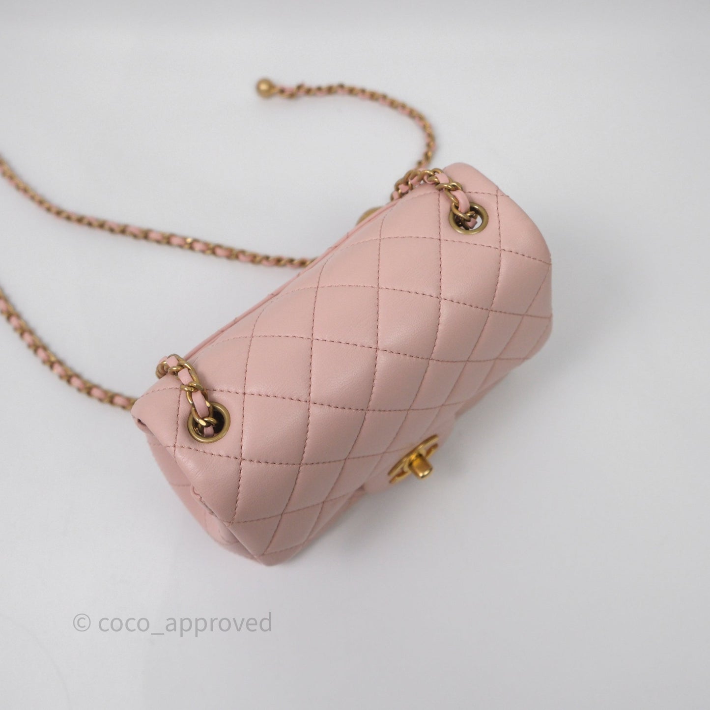 Chanel Pearl Crush Mini Square Quilted Pink Lambskin Aged Gold Hardware