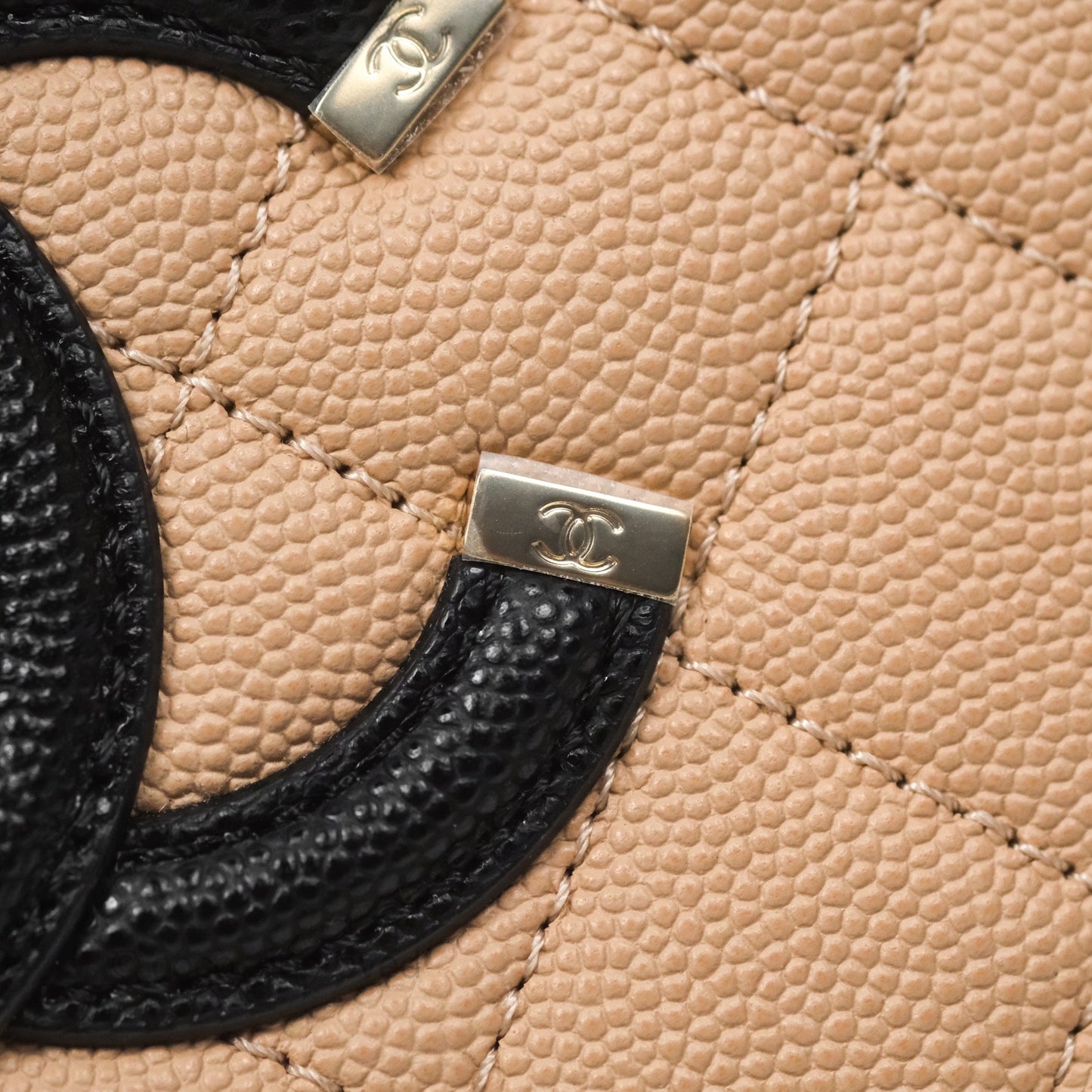 Chanel Quilted New Small CC Filigree Vanity Case Beige Caviar Gold Hardware