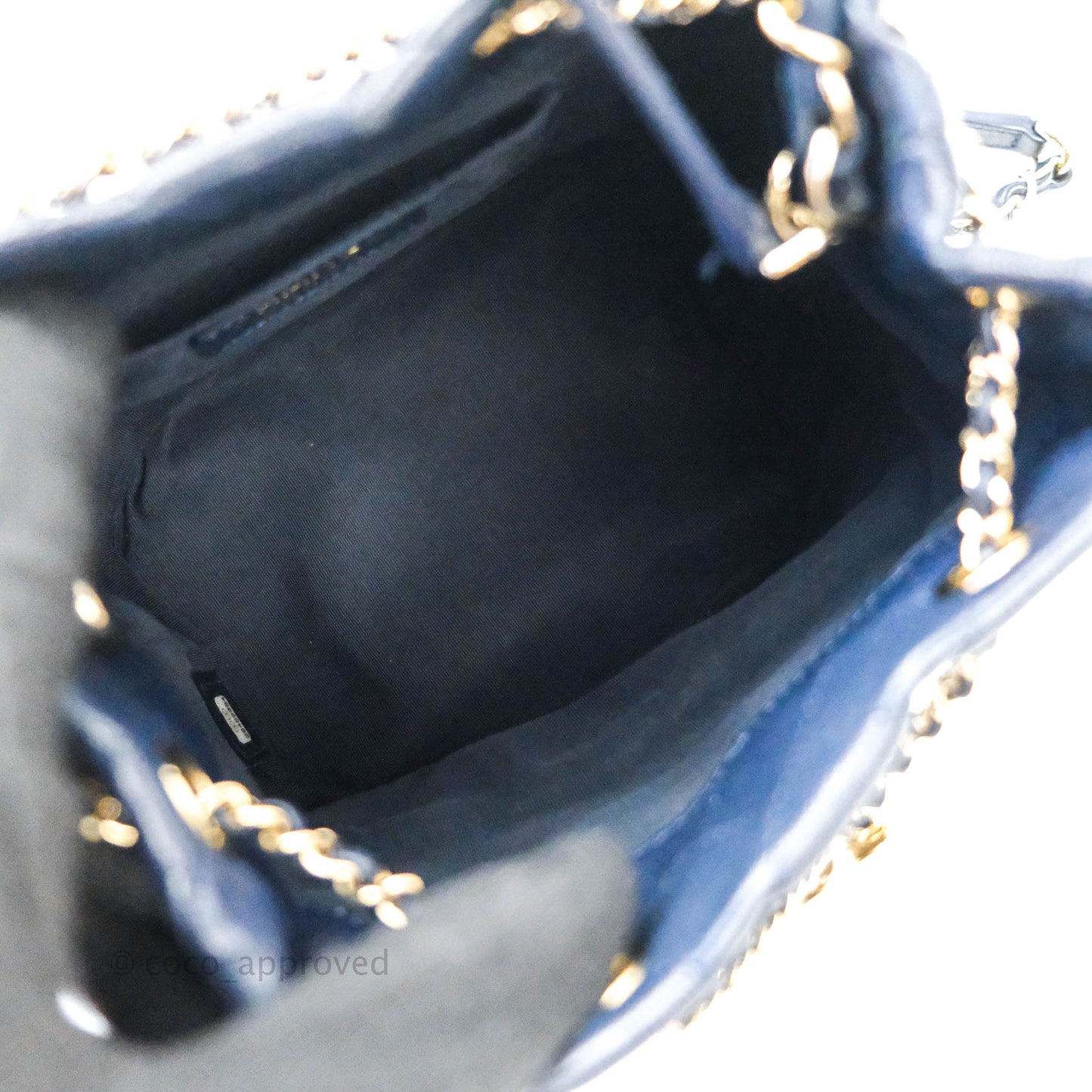 Chanel Caviar Quilted Rolled Up Bucket Drawstring Bag Navy Gold Hardware