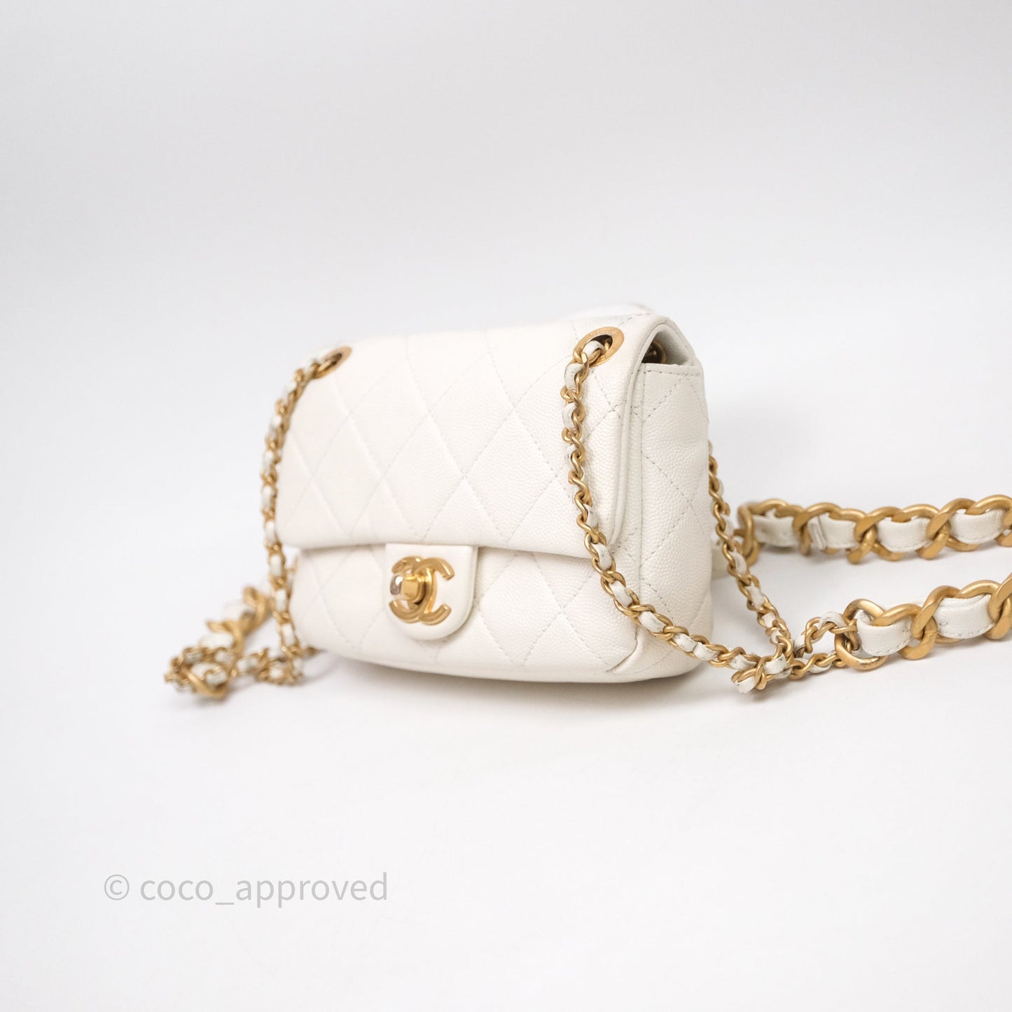 Chanel Mini Flap White Caviar Bag Double Chain Gold Hardware