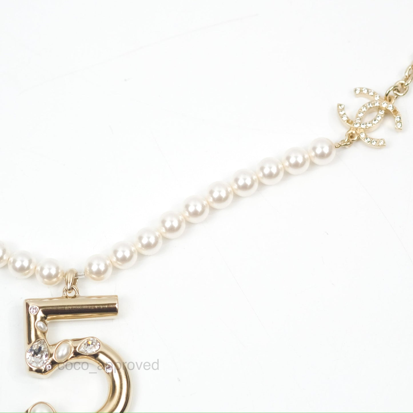 Chanel Crystal CC No.5 Pearl Necklace Gold Tone 21S