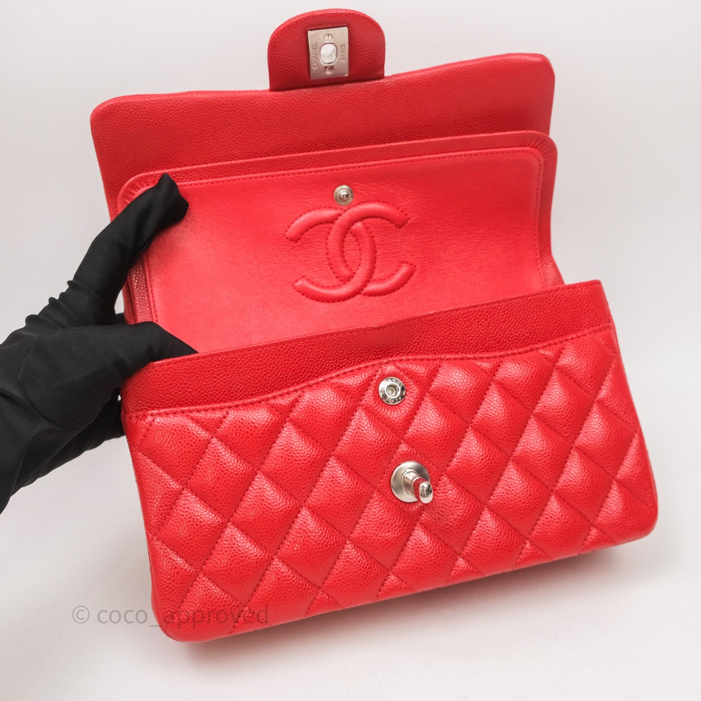 Chanel Small Classic Flap Quilted Red Caviar Silver Hardware