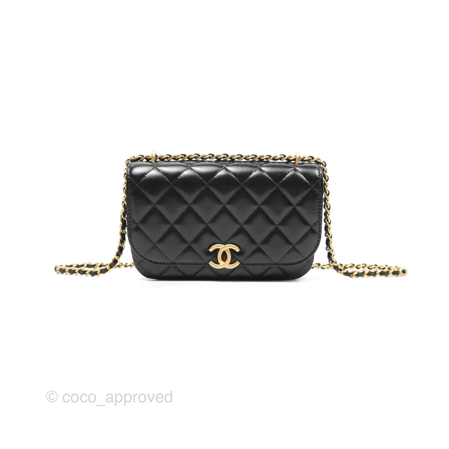 Chanel Flap Phone Holder With Chain Quilted Black Shiny Lambskin