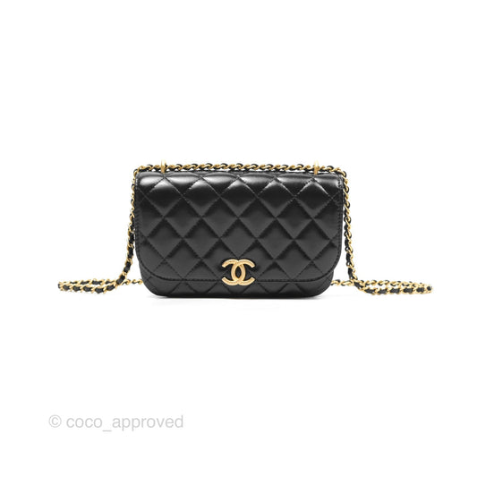 Chanel Flap Phone Holder With Chain Quilted Black Shiny Lambskin