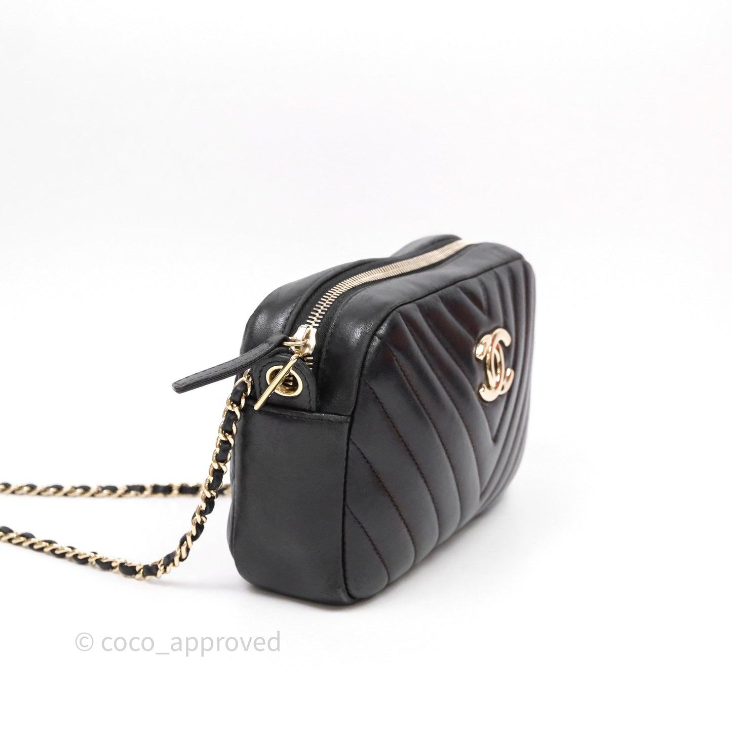 Chanel Chevron Camera Bag Black Lambskin Gold Hardware
