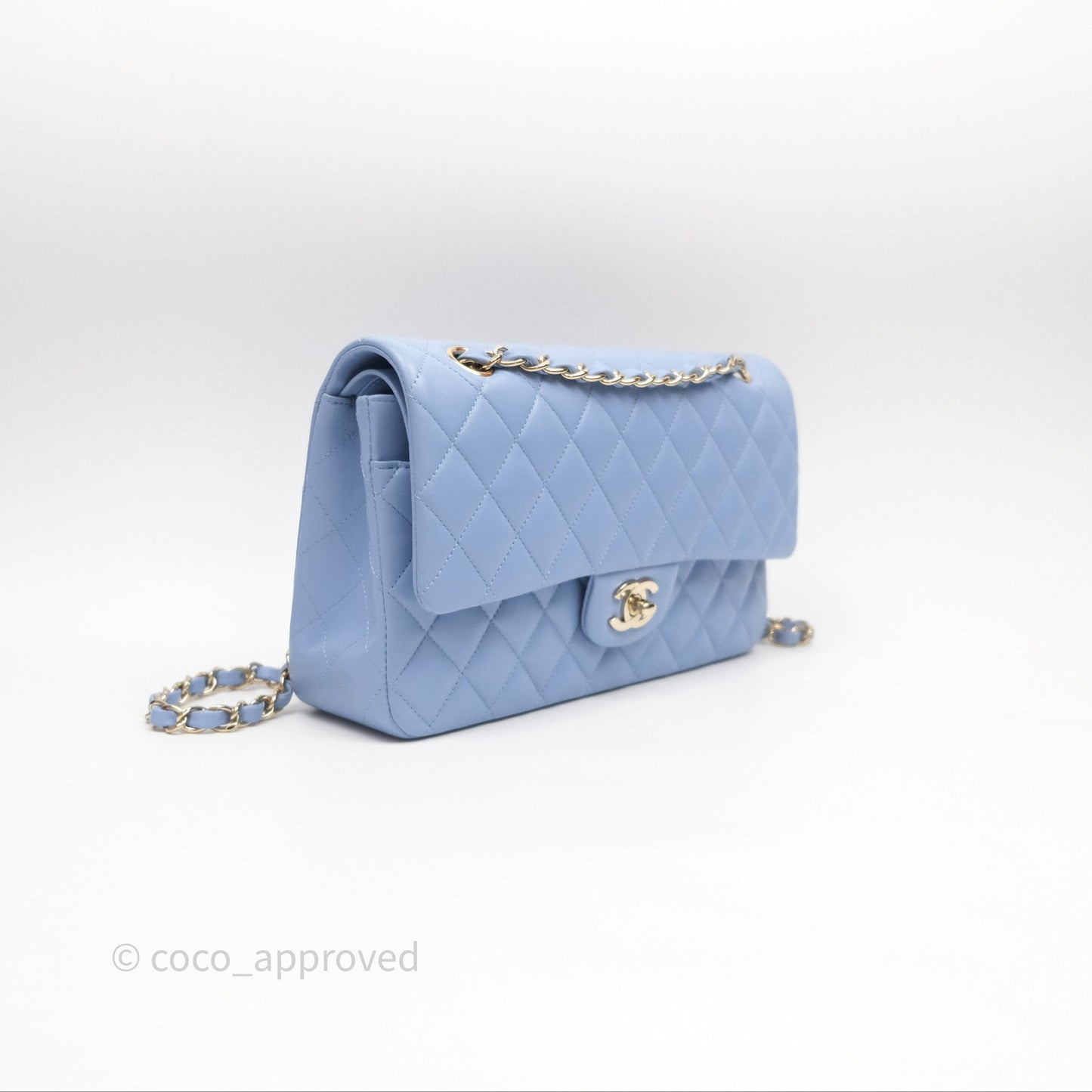 Chanel Classic M/L Medium Flap Quilted Sky Blue Lambskin Gold Hardware