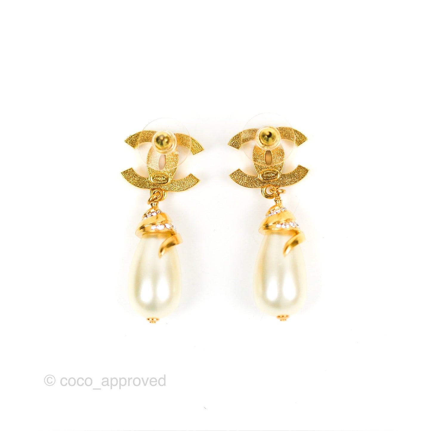 Chanel Crystal CC Drop Tear Pearl Earrings Gold Tone 22A