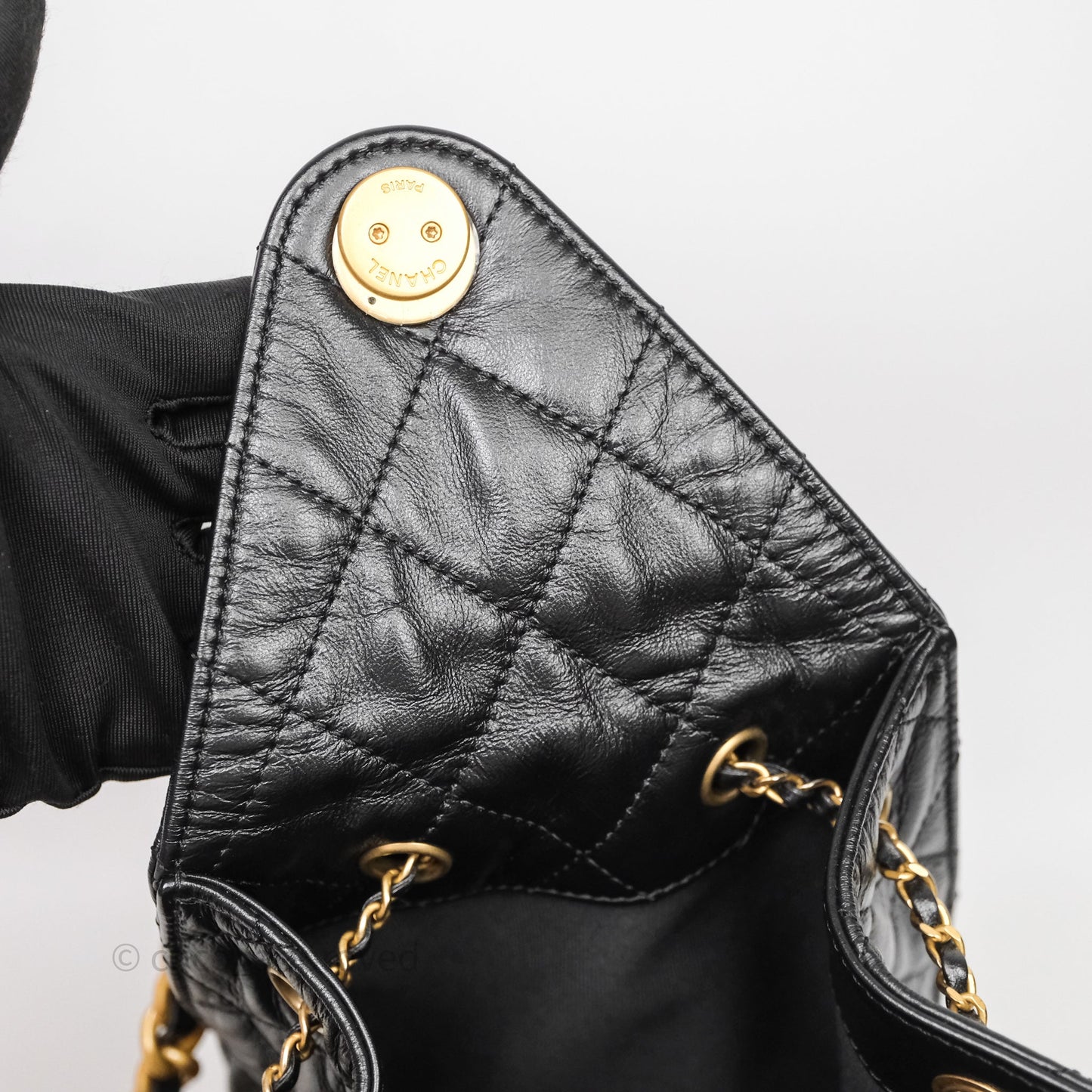 Chanel 25 Medium Black Crumpled Calfskin Aged Gold Hardware