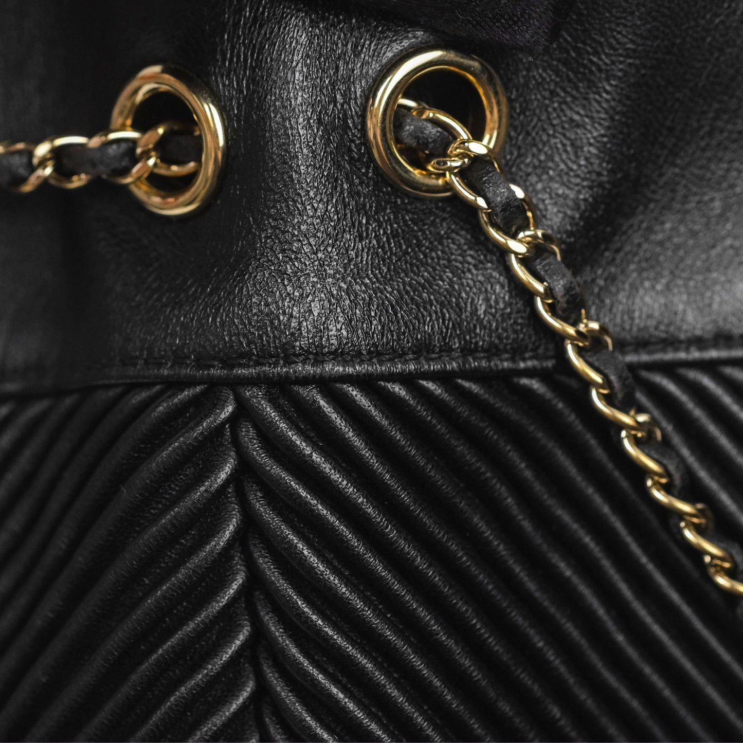 Chanel CC Chain Drawstring Bucket Bag Chevron Black Lambskin Gold Hardware
