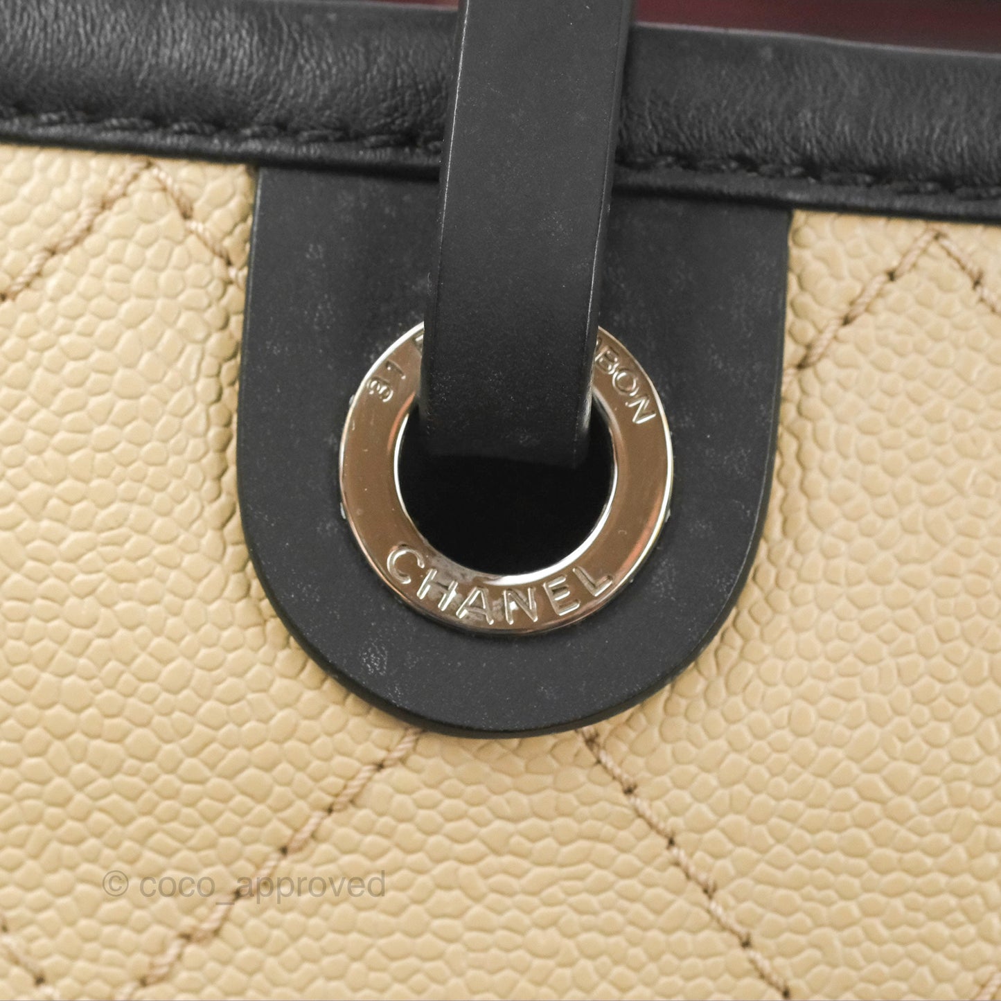 Chanel Large Fever Shopping Tote Quilted Beige Black Caviar