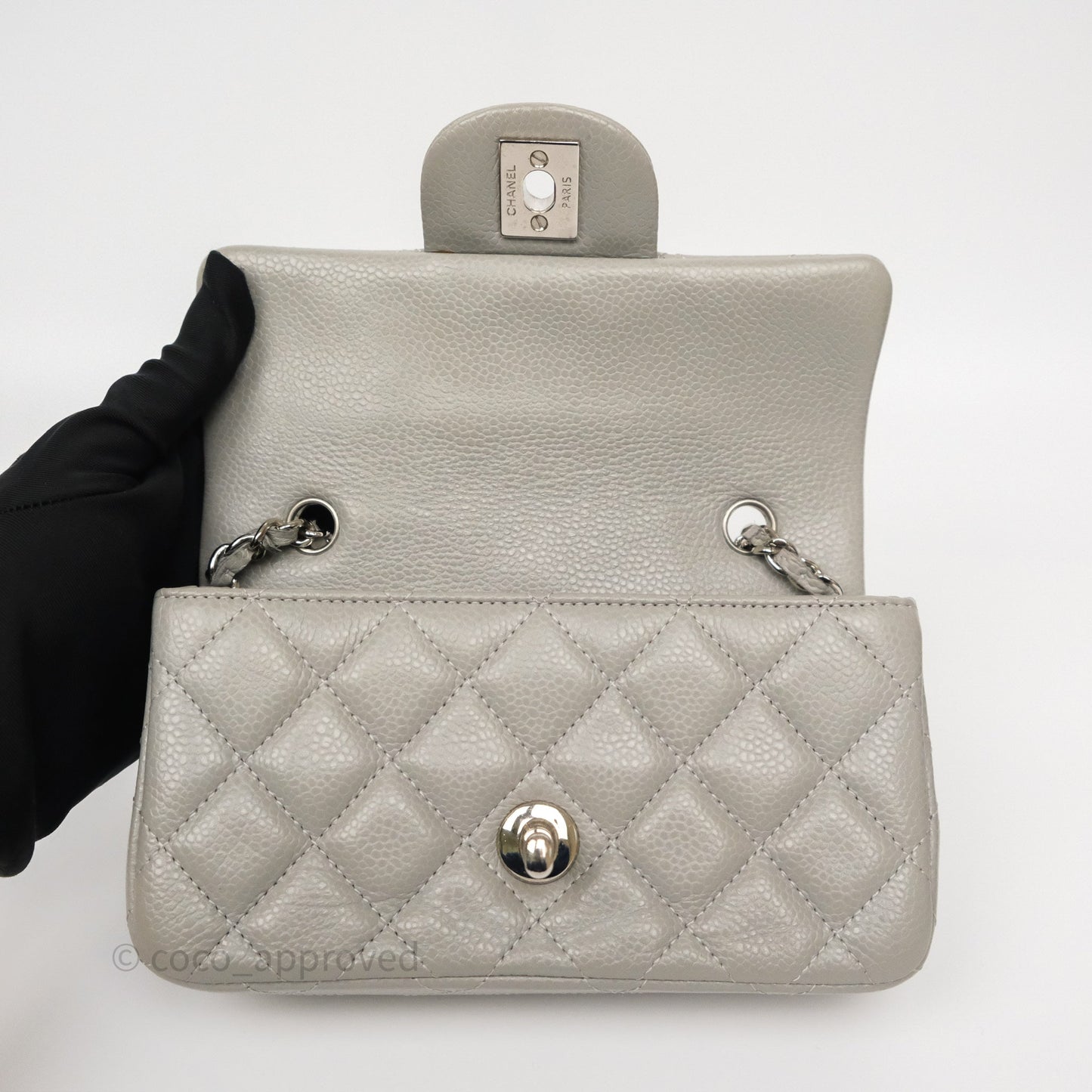 Chanel Extra Mini Rectangular Flap Quilted Light Grey Caviar Silver Hardware