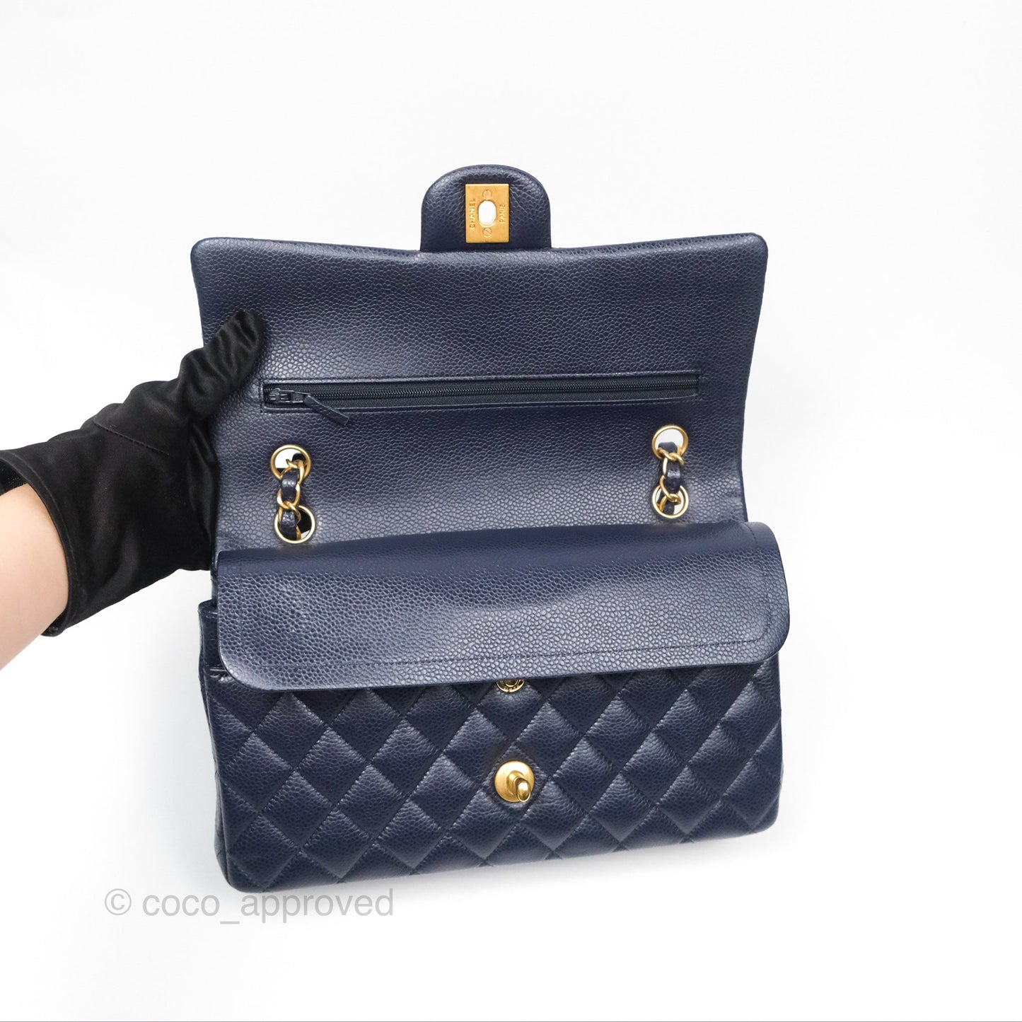 Chanel Classic M/L Medium Flap Quilted French Navy Caviar Aged Gold Hardware