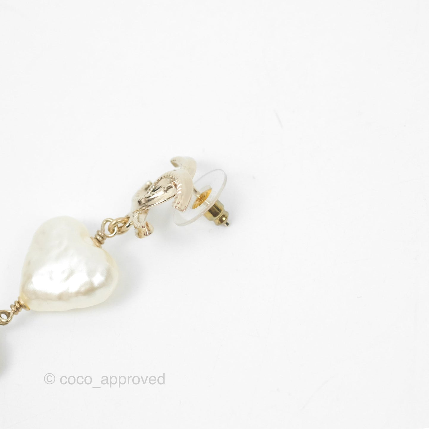 Chanel CC Pearl Heart Drop Earrings Gold Tone 22C