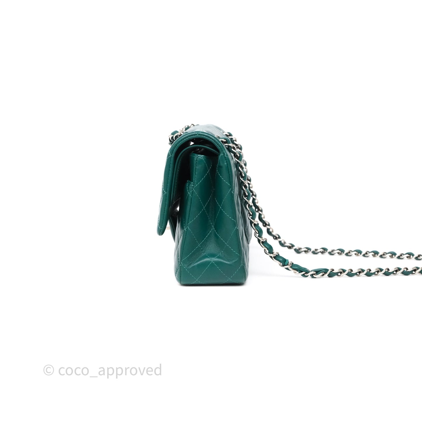 Chanel Medium Classic Flap Quilted Dark Green Lambskin Silver Hardware