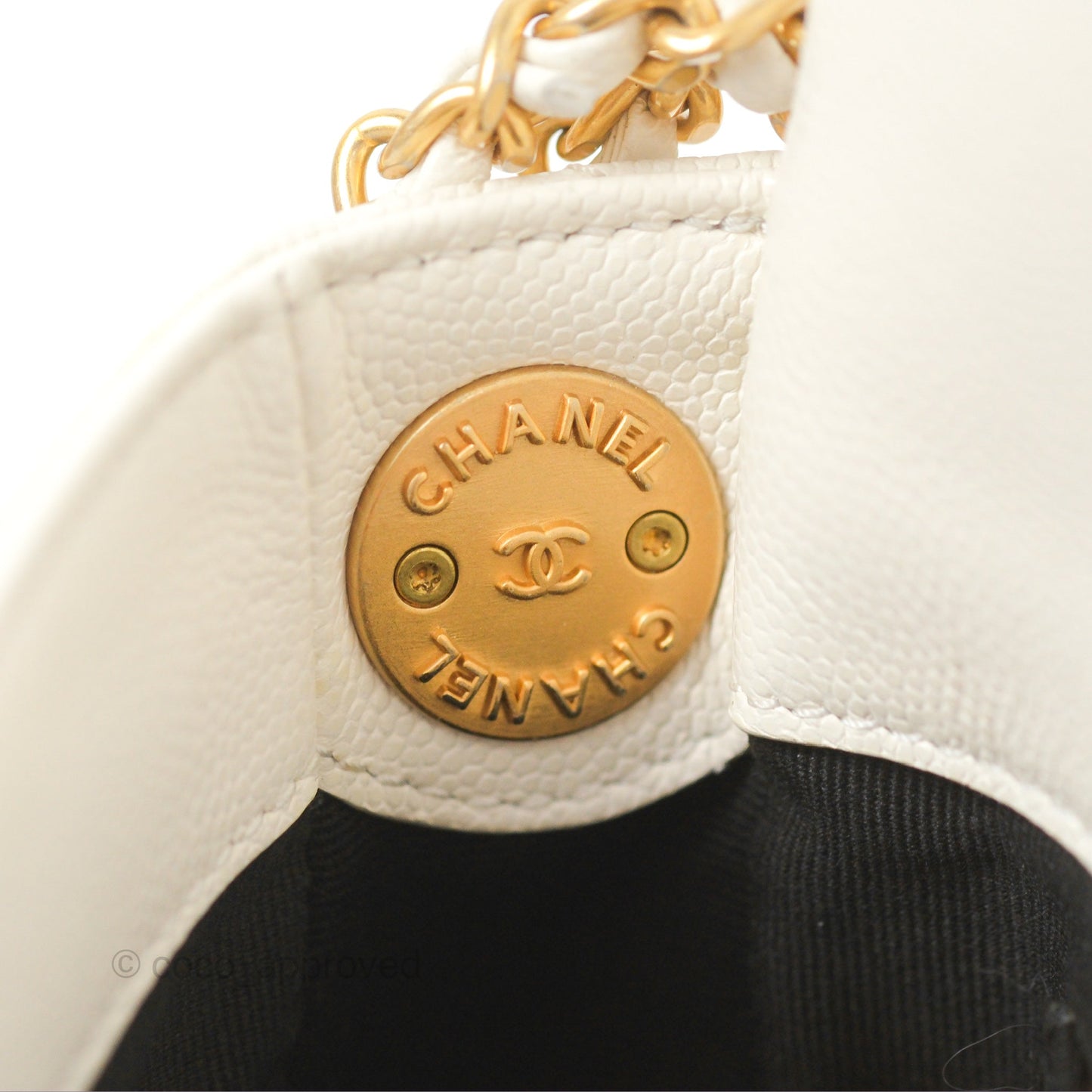 Chanel Mini Flap with Coin Charm White Caviar Aged Gold Hardware 22A