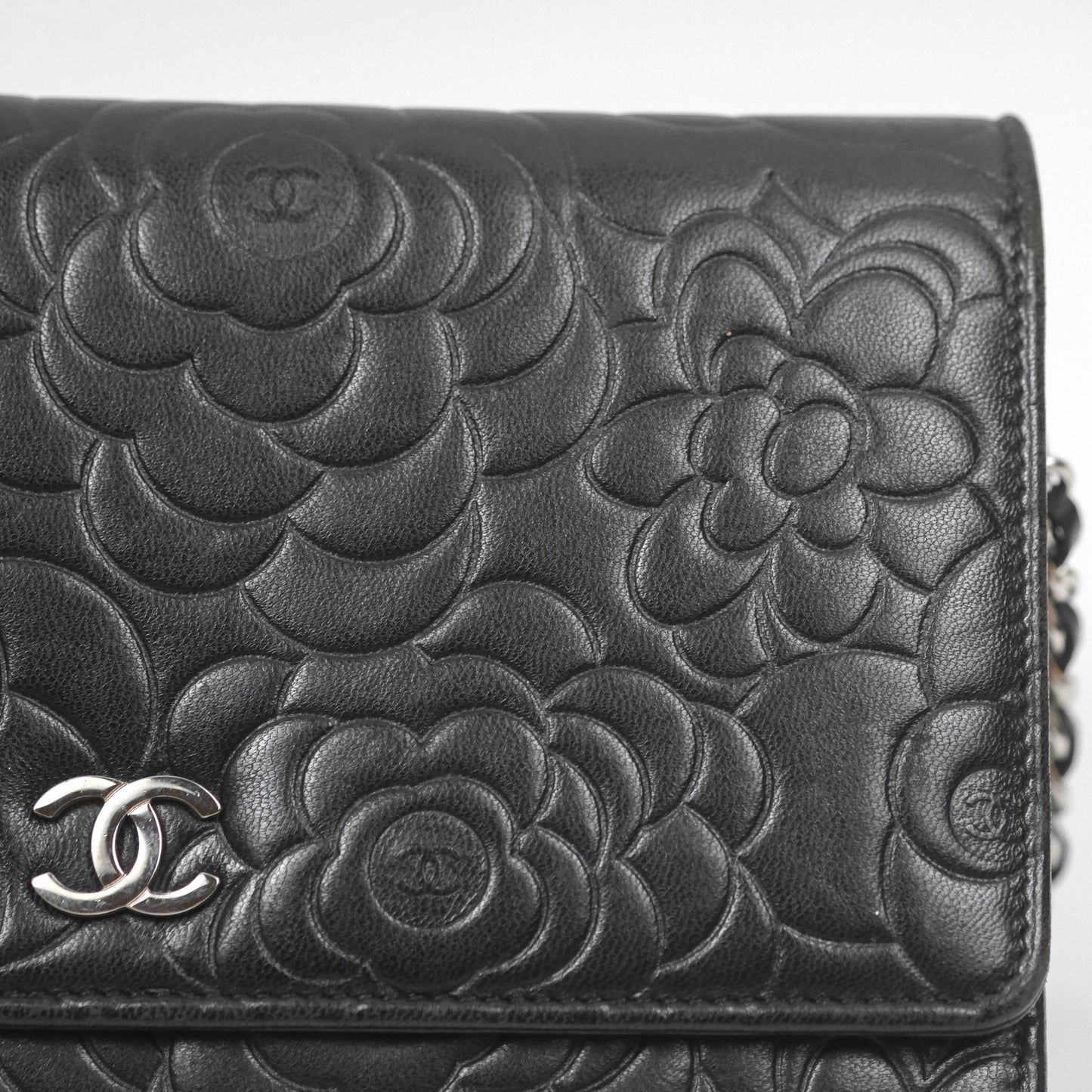 Chanel Camellia Embossed Wallet on Chain WOC Black Lambskin Silver Hardware
