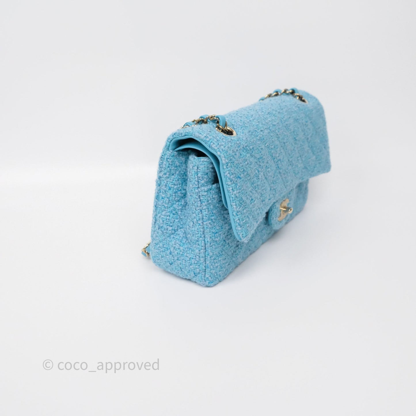 Chanel Classic M/L Medium Quilted Double Flap Bag Blue Tweed Gold Hardware