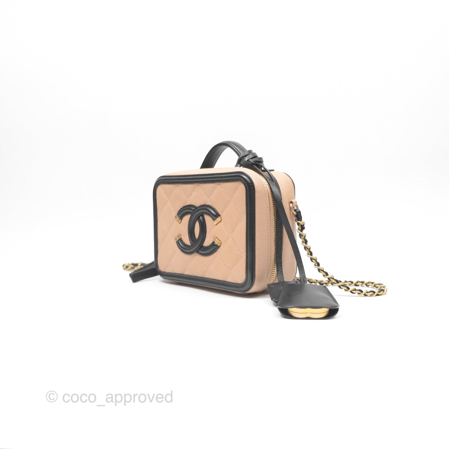Chanel Quilted Small CC Filigree Vanity Case Beige Black Caviar Gold Hardware