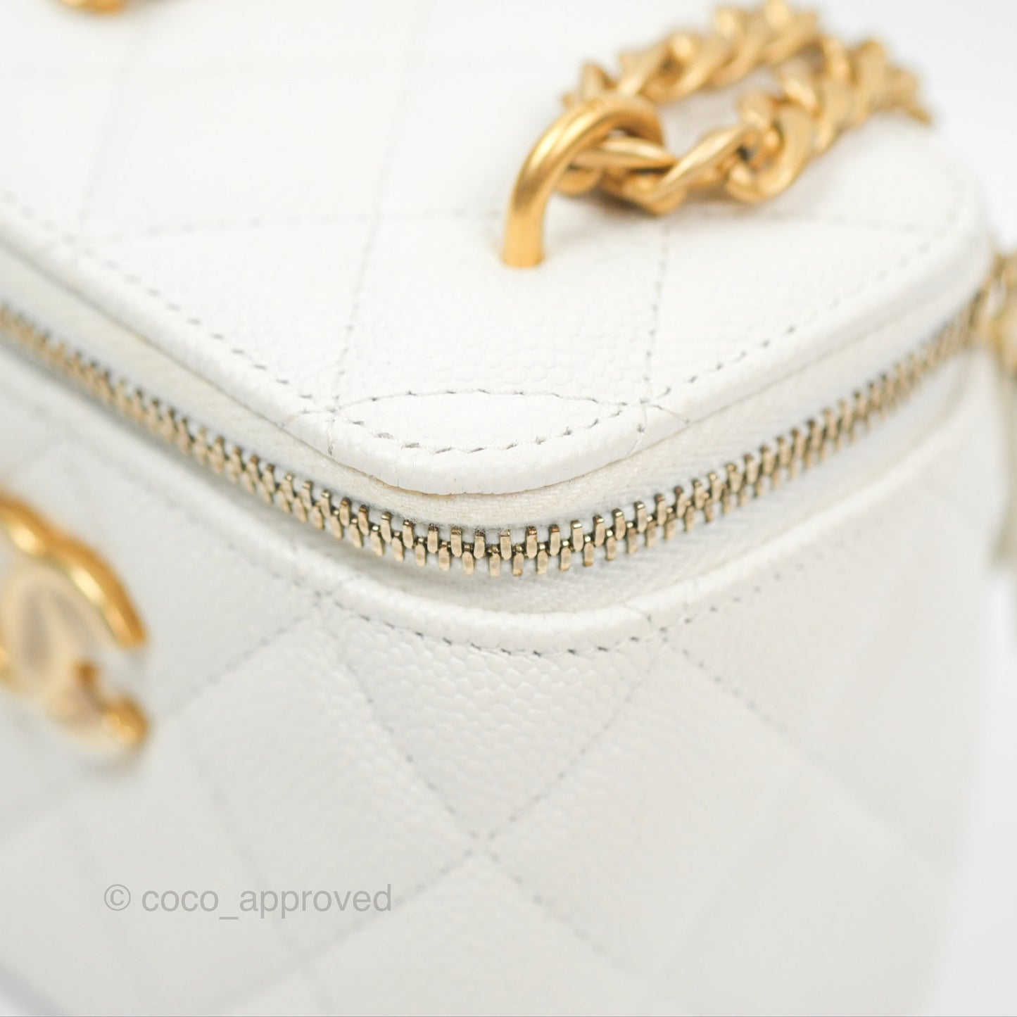 Chanel Quilted Heart Crush Mini Vanity With Chain White Caviar Aged Gold Hardware