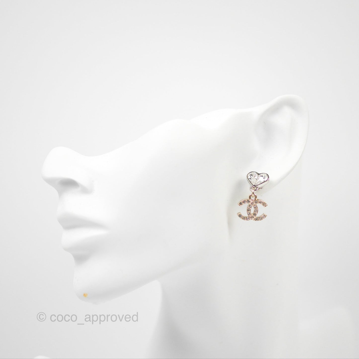 Chanel Crystal Heart CC Drop Earrings Silver Tone 23S