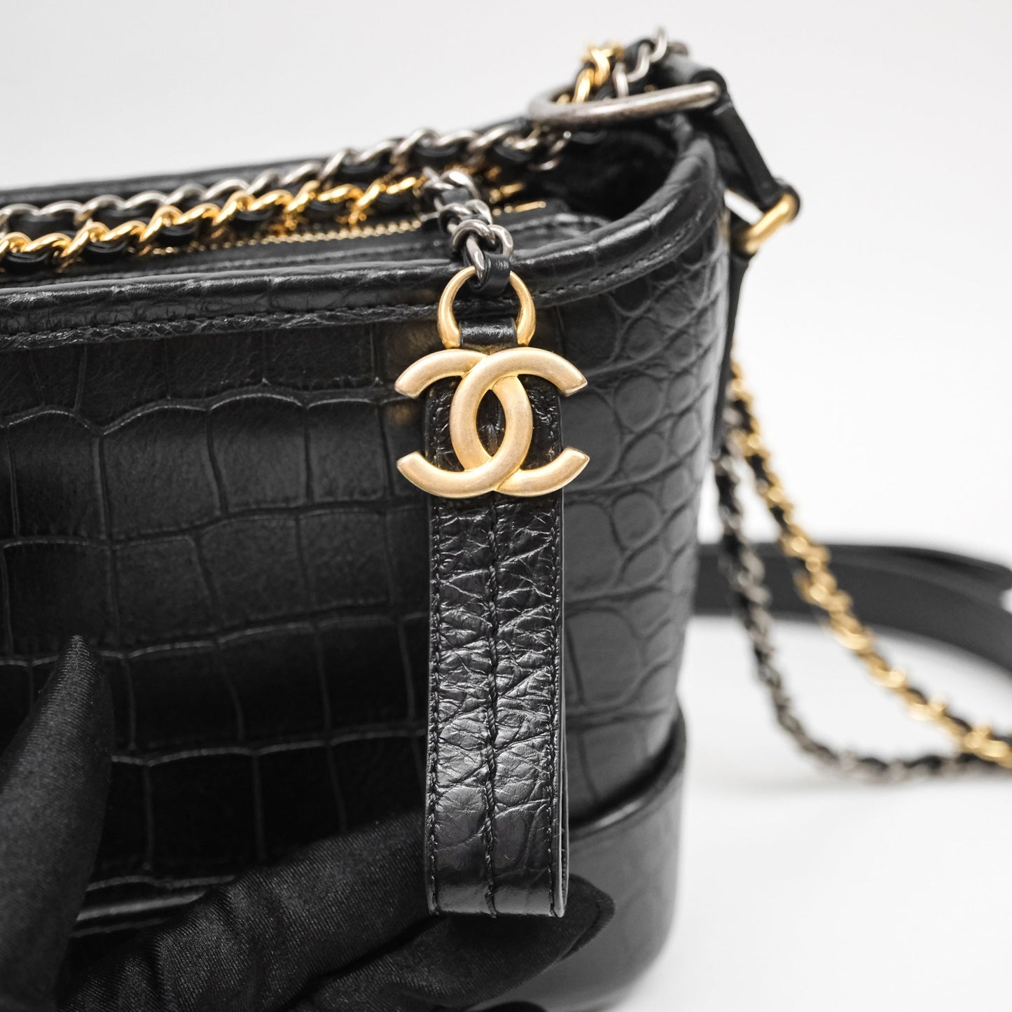 Chanel Crocodile Embossed Calfskin Small Gabrielle Cocodile Hobo Black