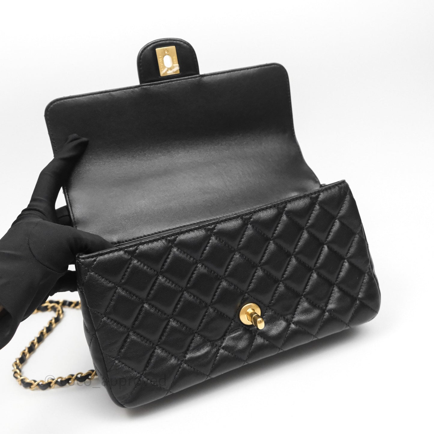 Chanel Logo Top Handle Small Flap Bag Black Lambskin Gold Hardware 24C