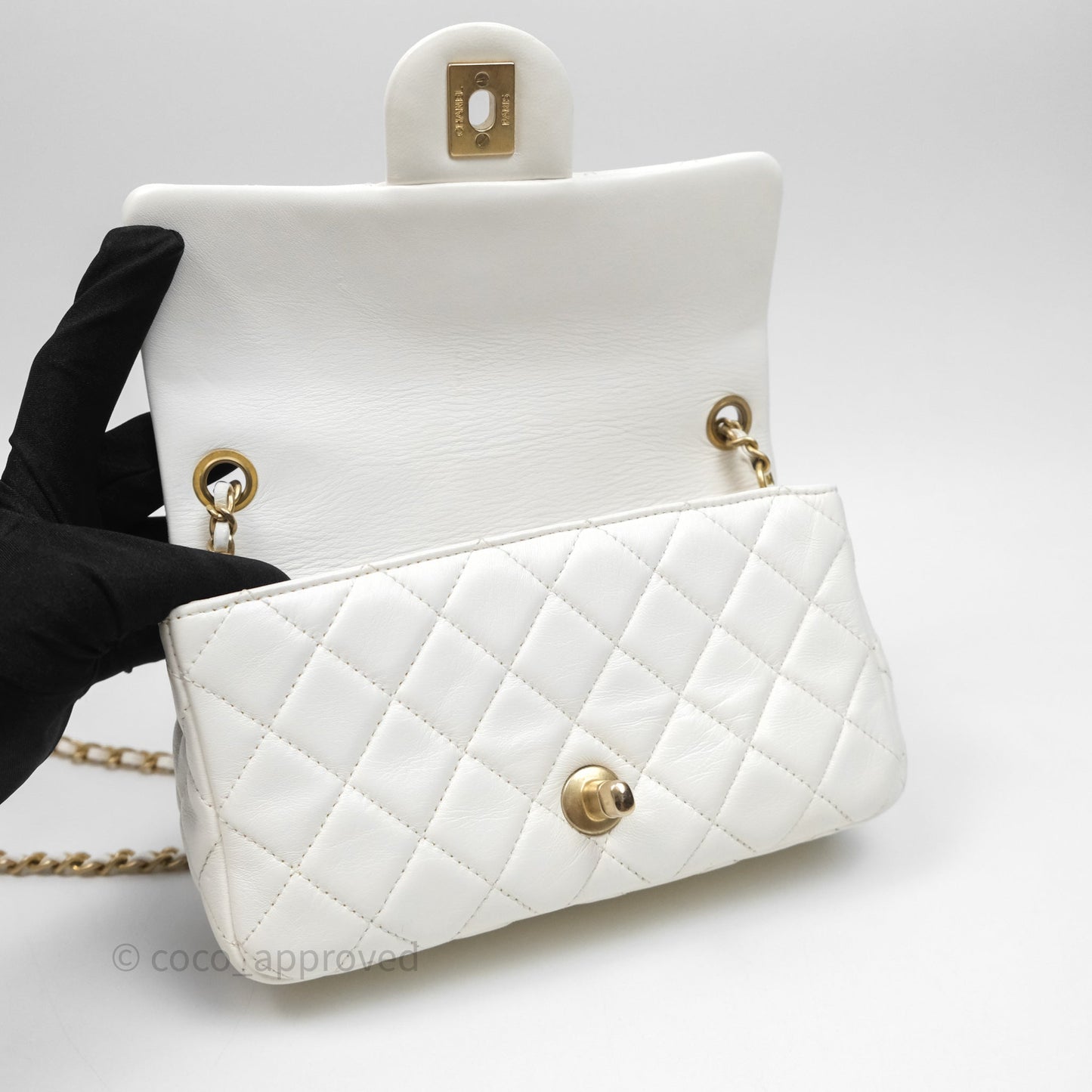 Chanel Mini Rectangular Pearl Crush Quilted White Lambskin Aged Gold Hardware