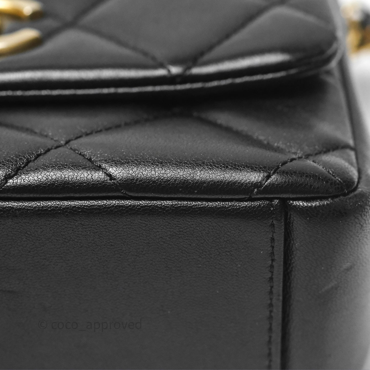 Chanel Logo Mini Square Flap Bag Black Lambskin Aged Gold Hardware 21B
