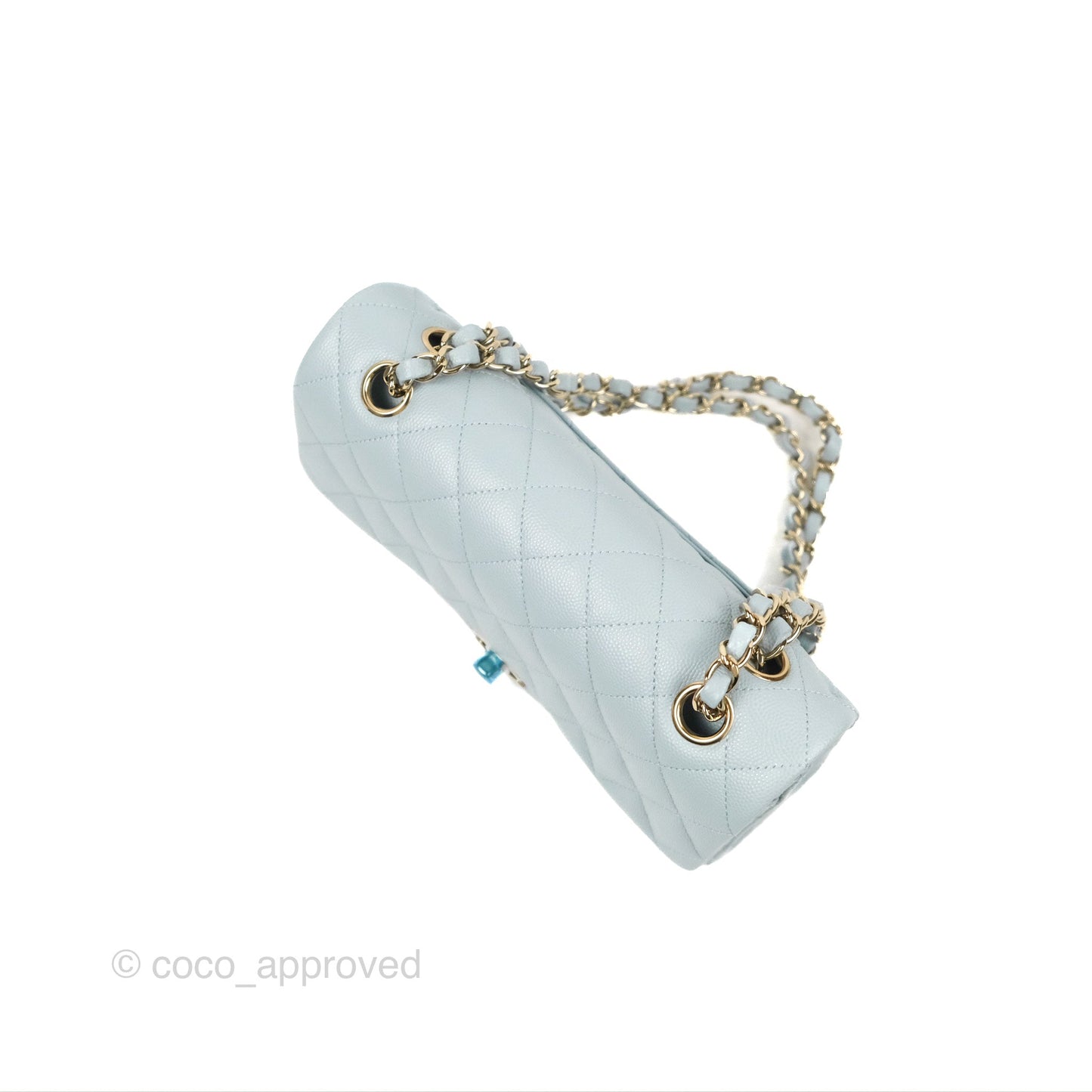 Chanel Small Classic Quilted Flap Light Blue Caviar Gold Hardware 22P