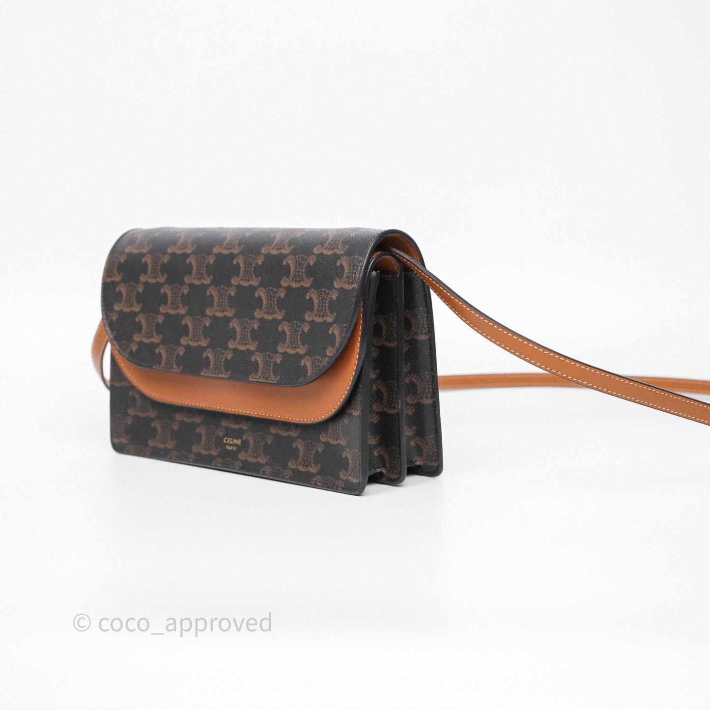 Celine Wallet On Strap Triomphe Canvas Tan Lambskin